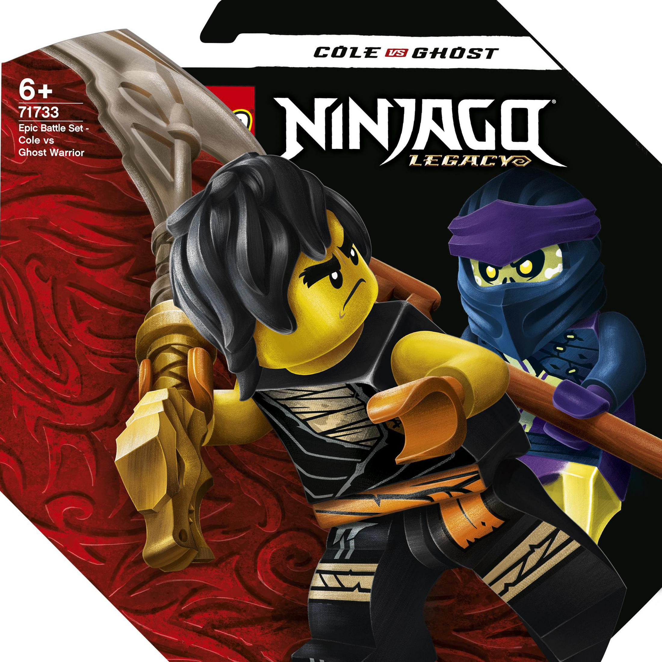 Schachtelkunst eines Lego Ninjago Sets mit zwei Minifiguren im Kampf.