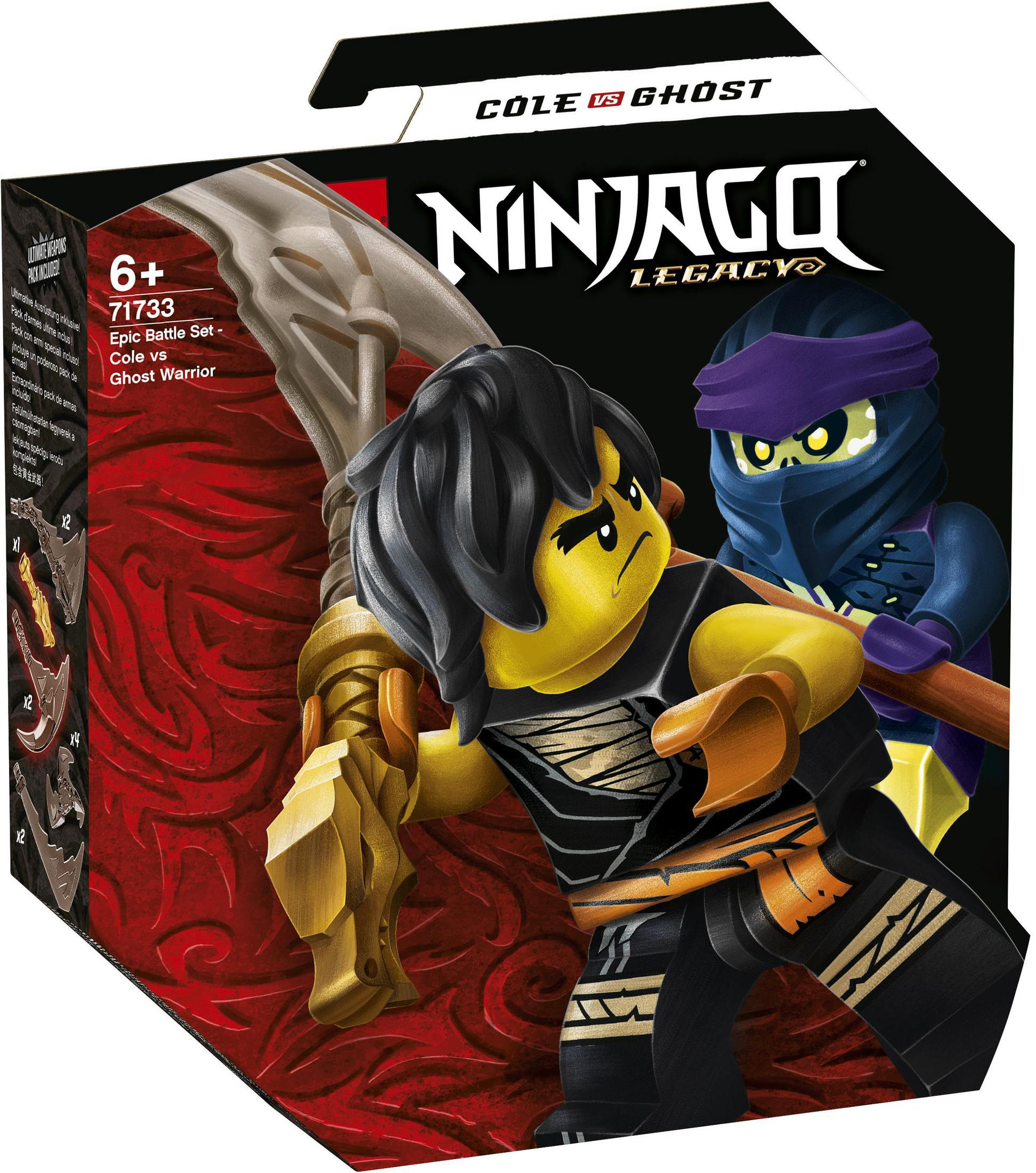 LEGO Ninjago Legacy Set mit Cole gegen Ghost Warrior Figuren in einer Kampfszene.