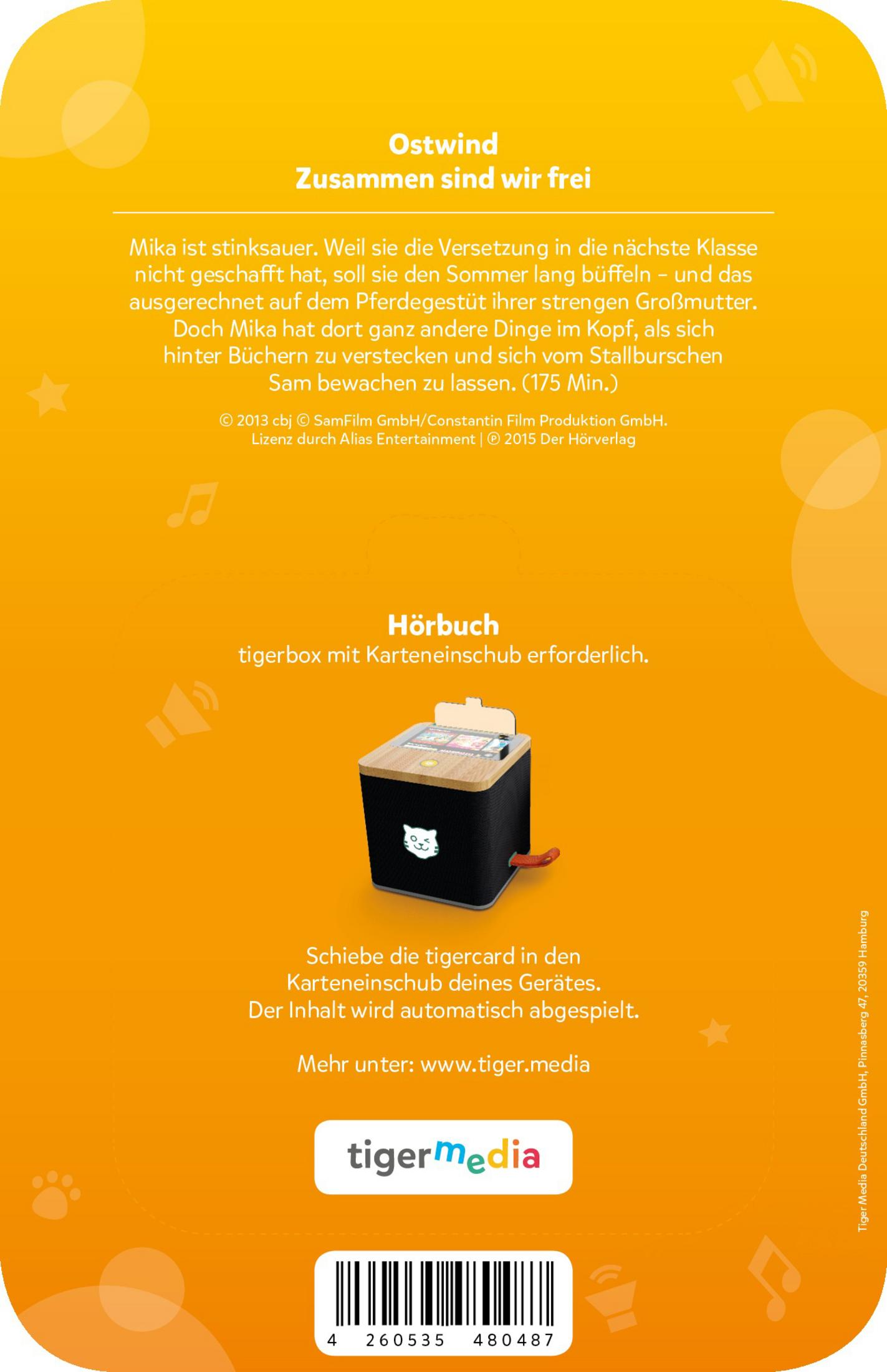 Die Rückseite einer Hörbuchverpackung mit deutschem Text, einer Tigerbox und Audiosymbolen.