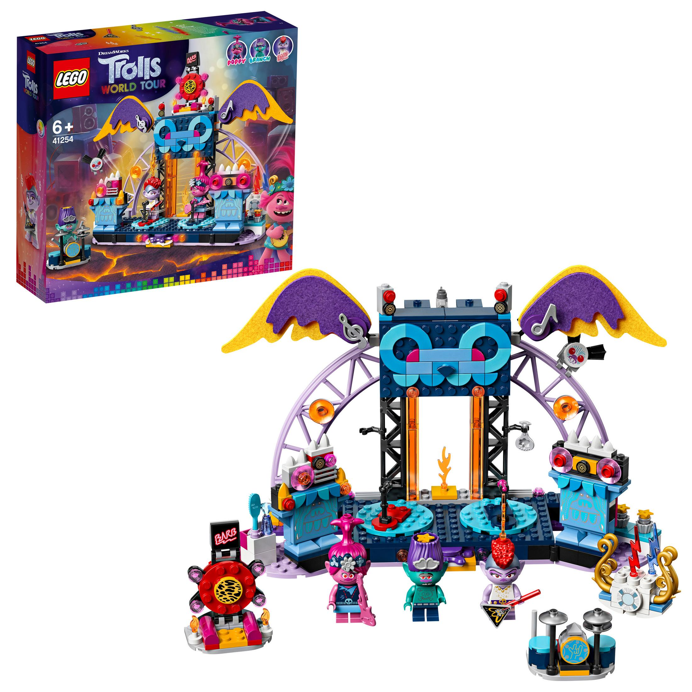 Lego Trolls World Tour Set mit Bühne, Figuren und Box.