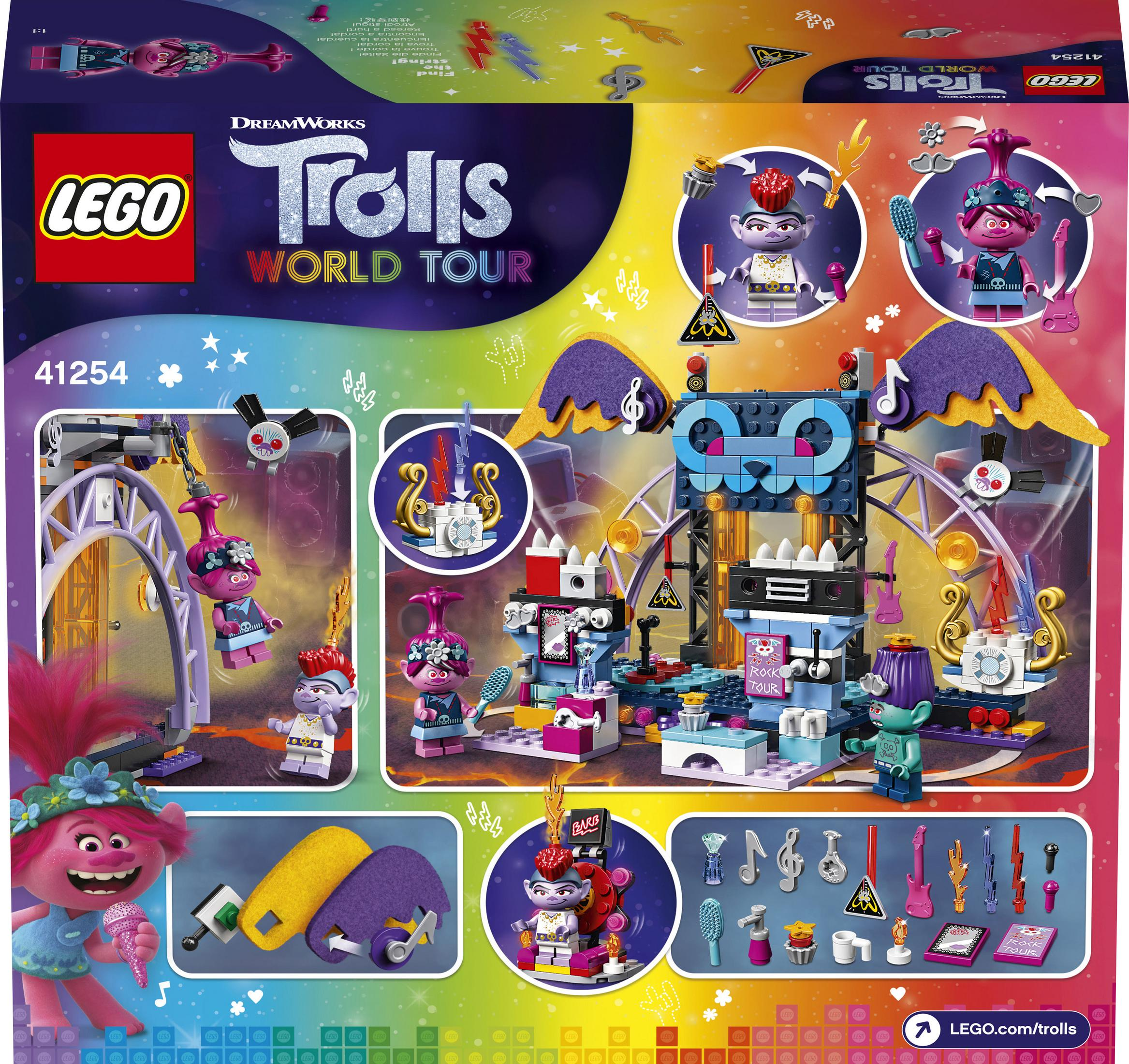 LEGO Trolls World Tour Box mit Bildern des Sets. Trolls-Charaktere, Strukturen und Zubehör werden gezeigt.