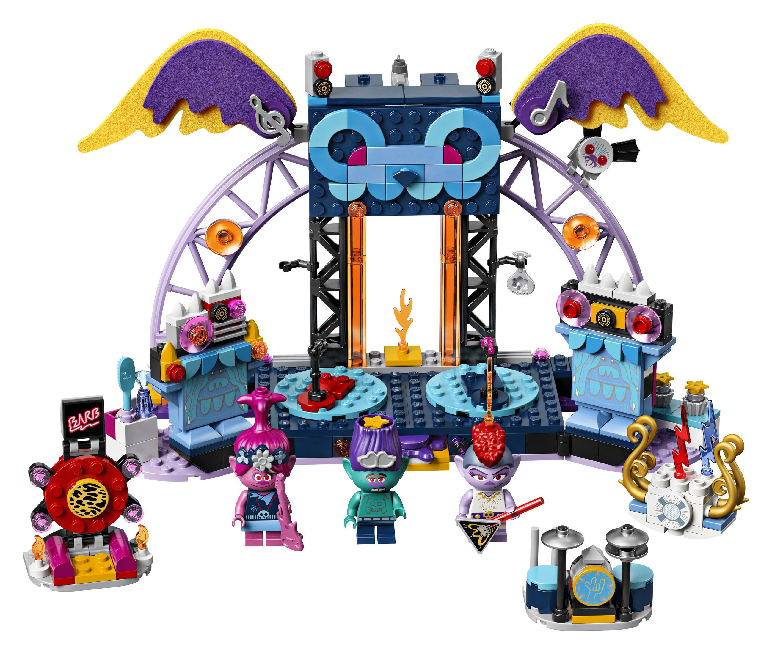 Lego Trolls World Tour Bühnen-Set mit Figuren und Musikinstrumenten.