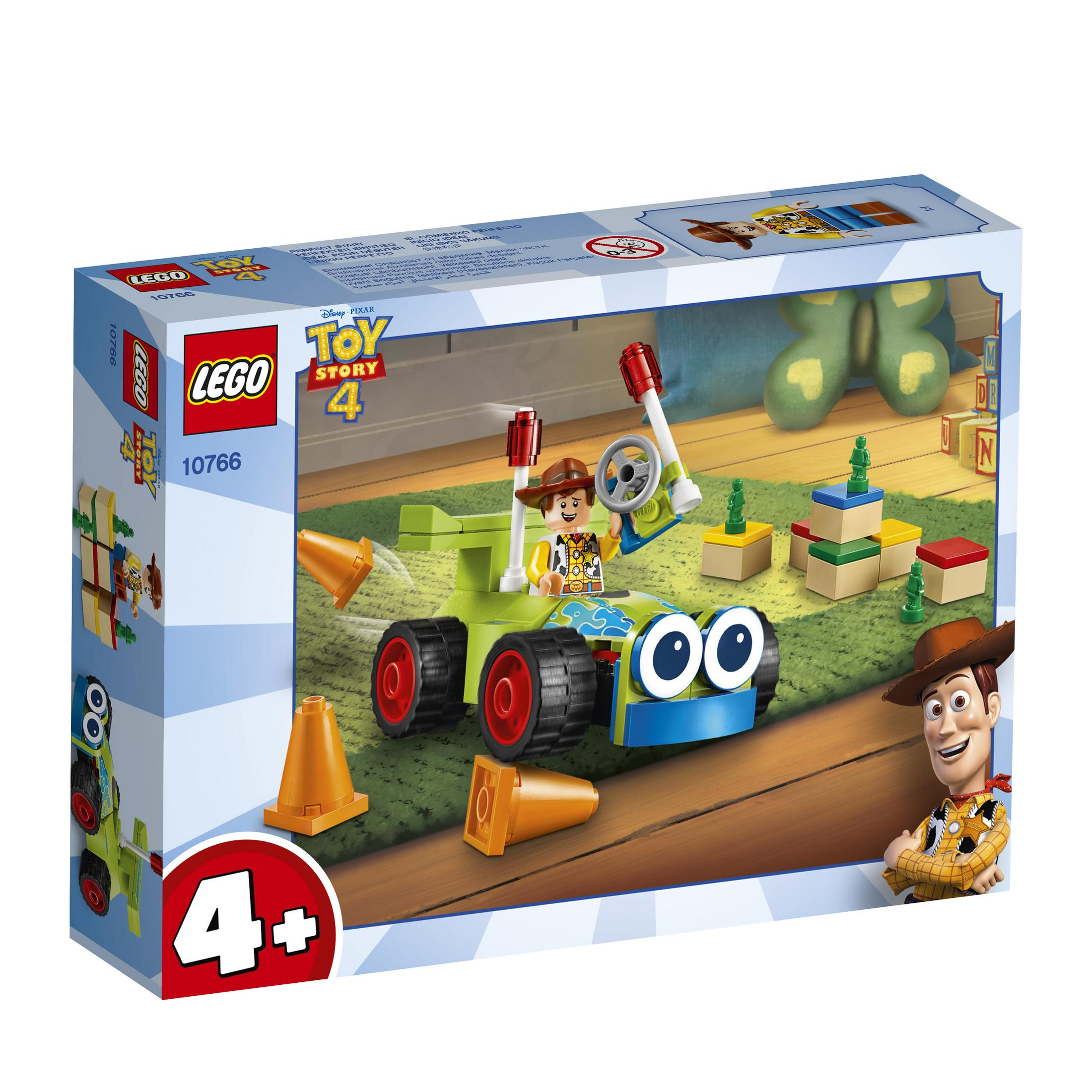 Ein Lego Toy Story 4 Set mit Woody-Figur, Auto und Pylonen. Die Box zeigt Artwork.