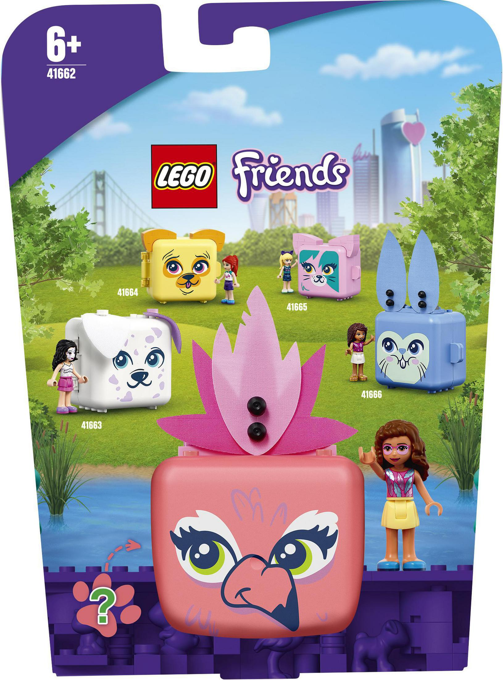 Eine Lego Friends-Box mit mehreren kleinen Lego-Figuren und Tieren.