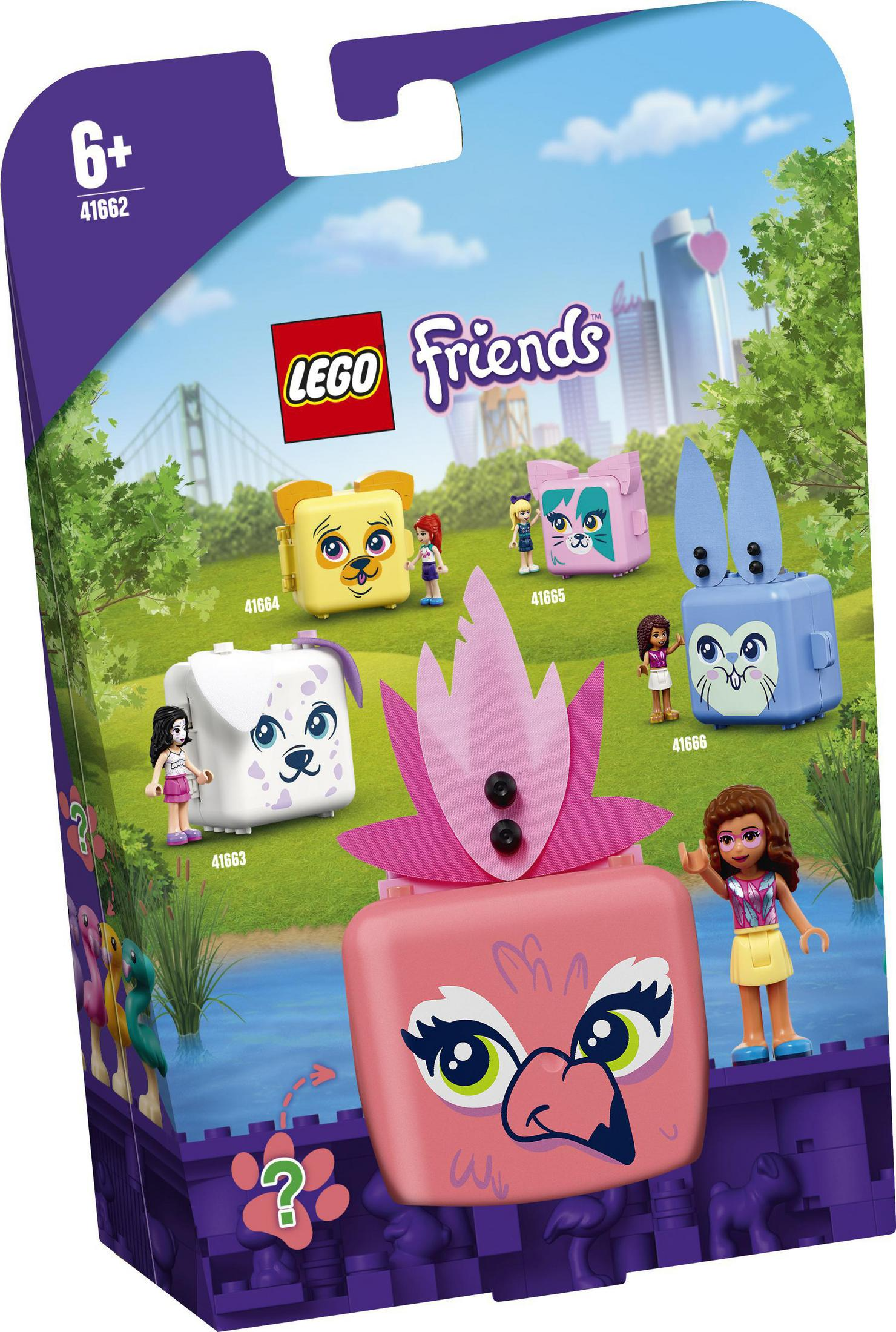 LEGO Friends Box-Set mit Tierfiguren und Mini-Puppen. Im Hintergrund eine Parkszene mit Brücke und Stadt.
