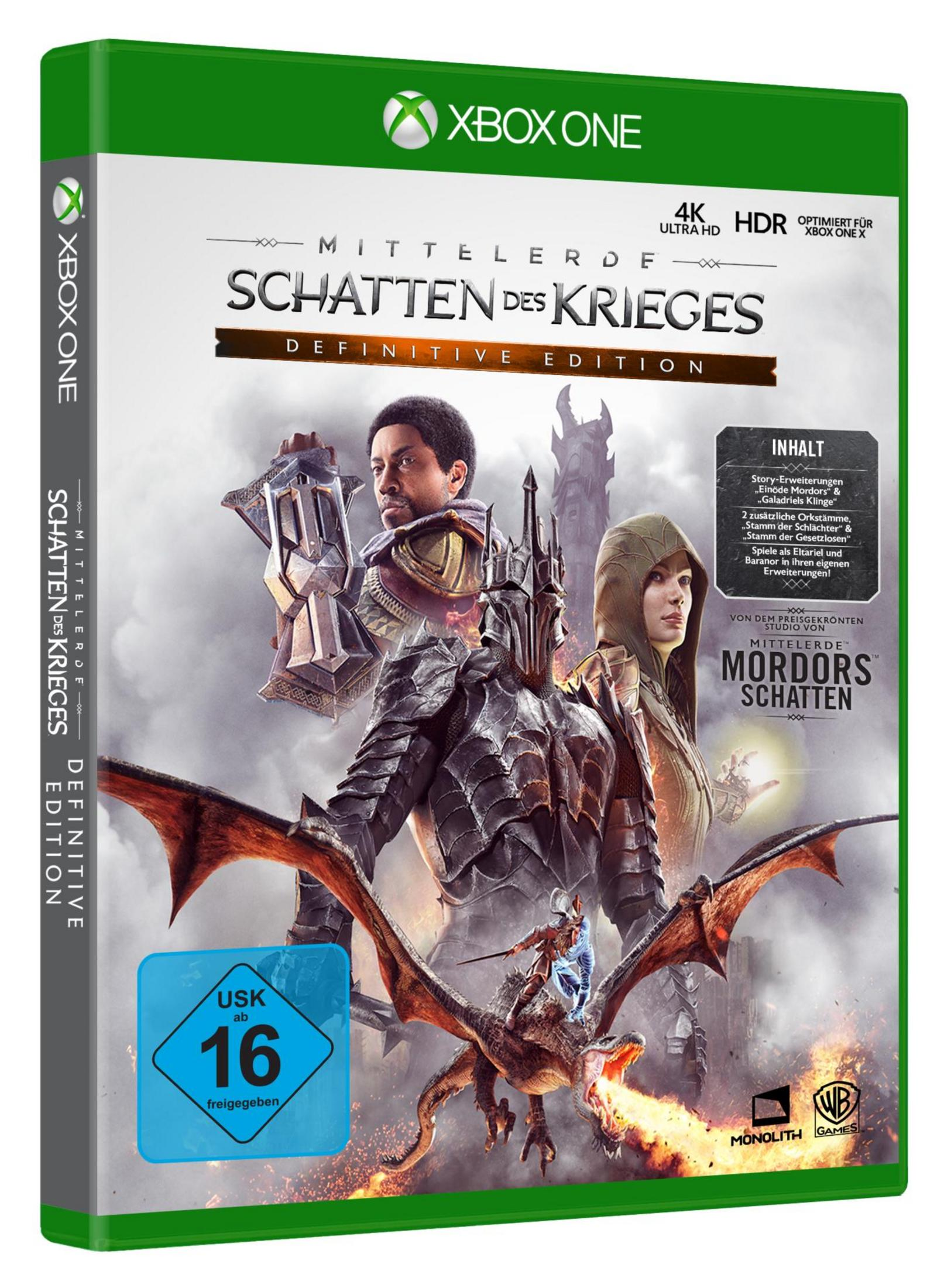 Mittelerde: Schatten des Krieges Spielbox. Zeigt Charaktere und einen Drachen, mit Xbox One Logo.
