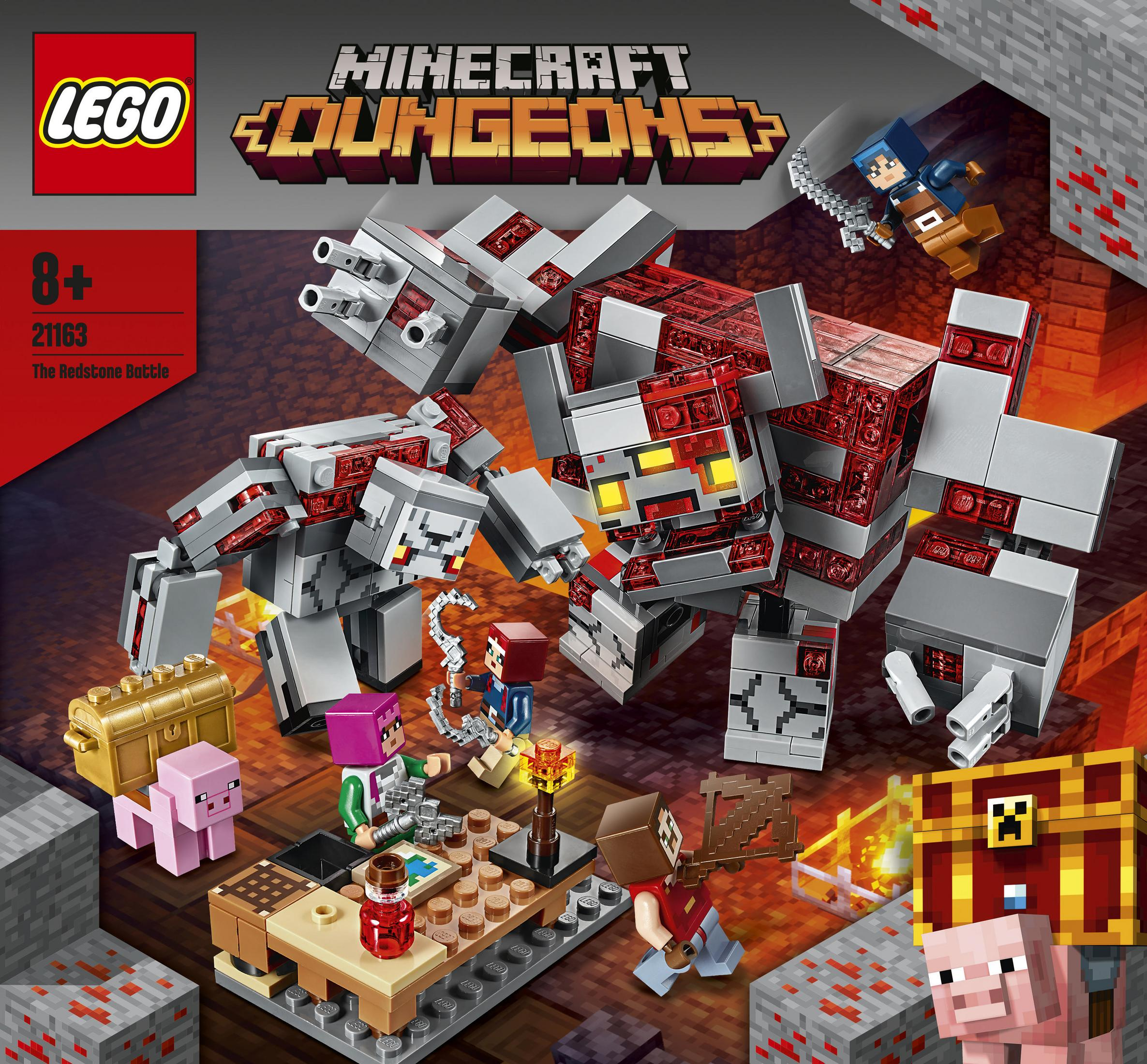 Lego Minecraft Dungeons set. Several figures and structures in a Minecraft themed diorama.