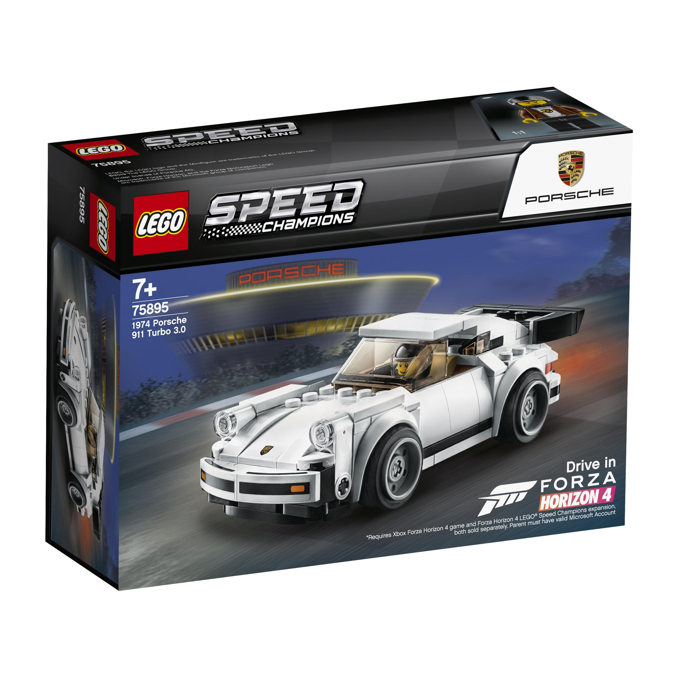 Scatola del kit di modelli LEGO Speed Champions Porsche 911 Turbo 3.0 e auto costruita, bianca con spoiler nero.