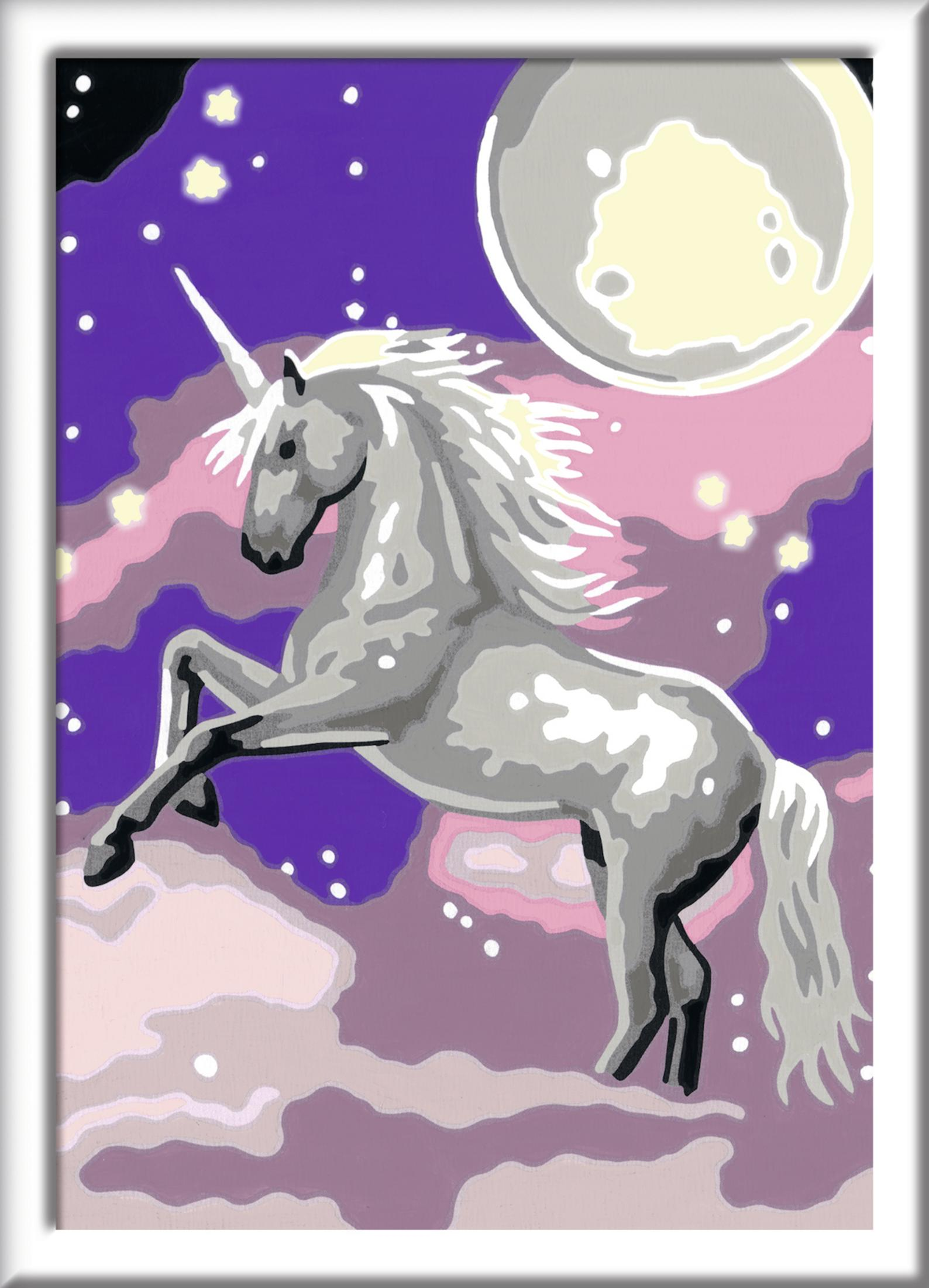 Ein Gemälde eines Einhorns. Das Einhorn ist weiß, in einer lila Szene, mit einem Mond.