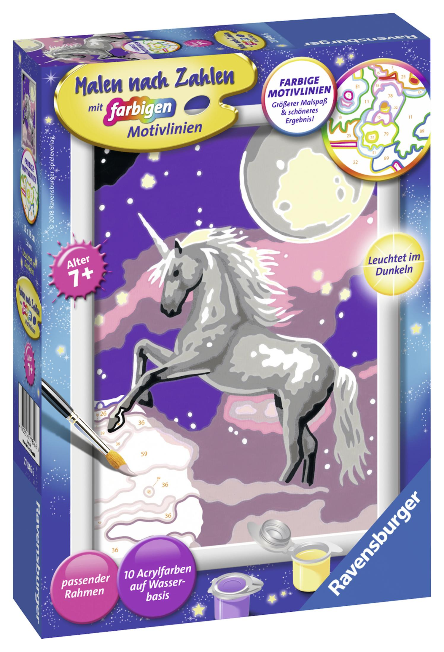 Malen nach Zahlen Box mit Einhorn, Mond und einer Nachtszene.