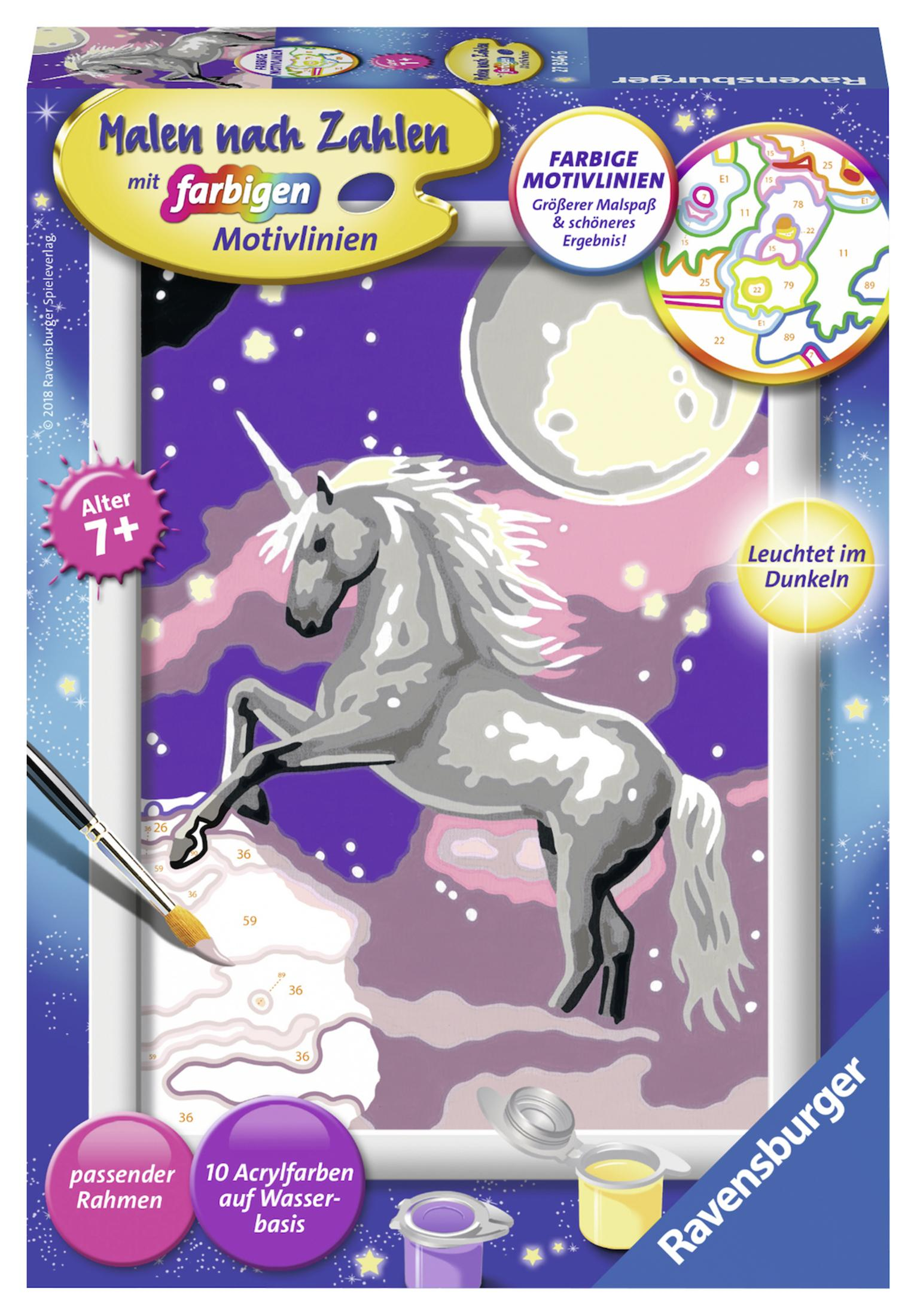 Ein Malen-nach-Zahlen-Set mit einem Einhorn in einer sternenklaren Nachtszene.