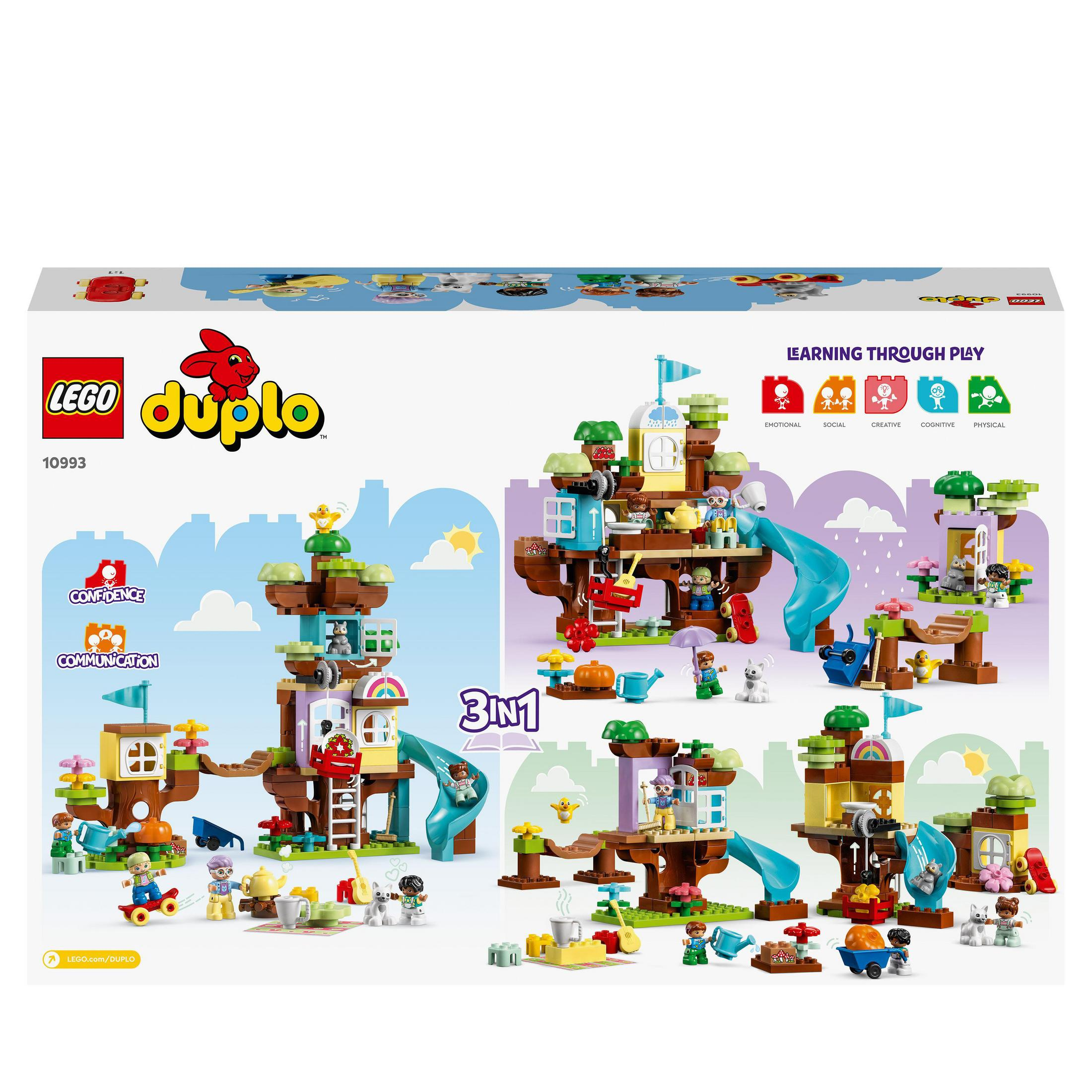 LEGO Duplo Set-Box mit einem Baumhaus-Bau mit Figuren und Spielelementen. Bunt und spielerisch.