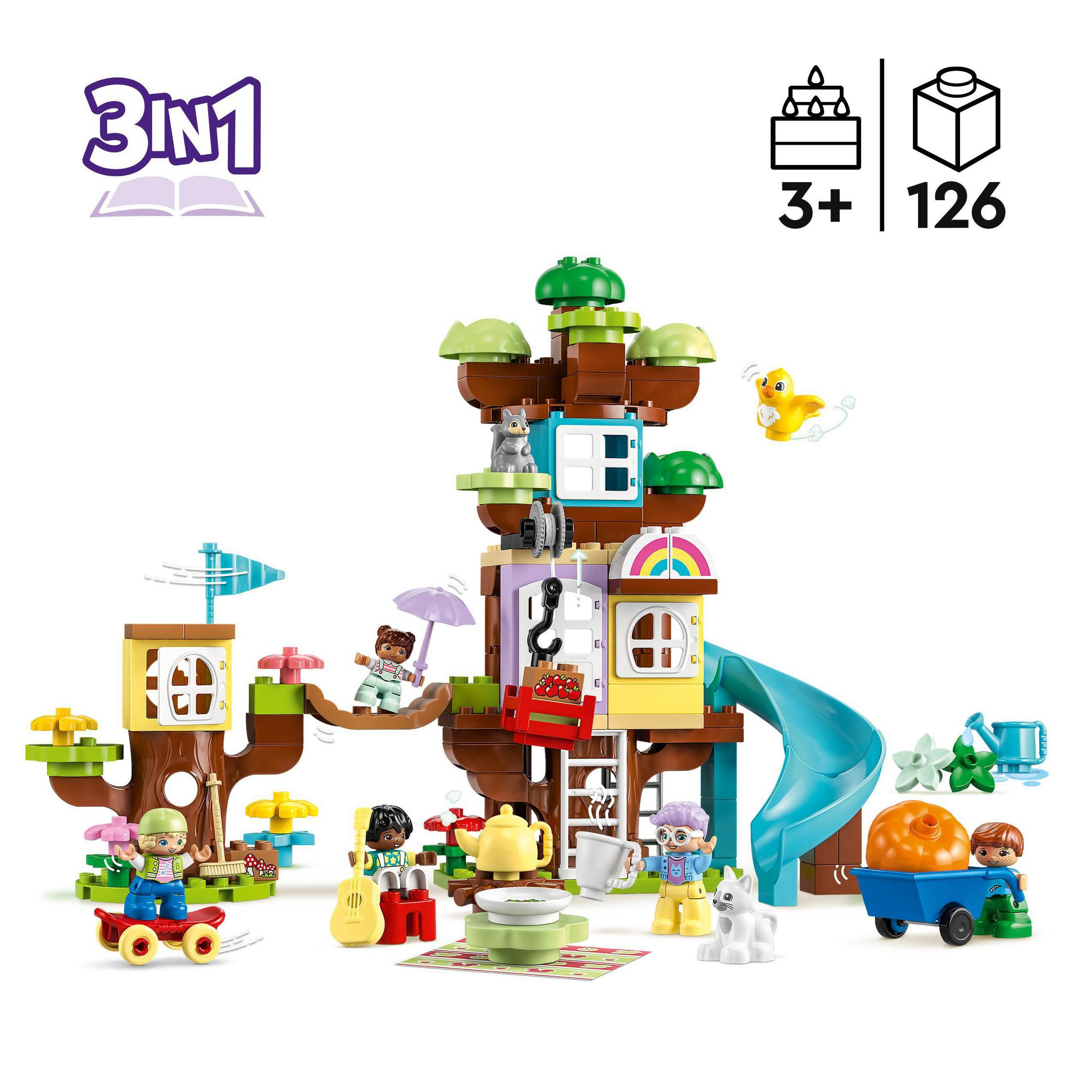 LEGO Set mit Baumhaus, Figuren und Zubehör. Enthält Rutsche, Schaukel und verschiedene Charaktere.