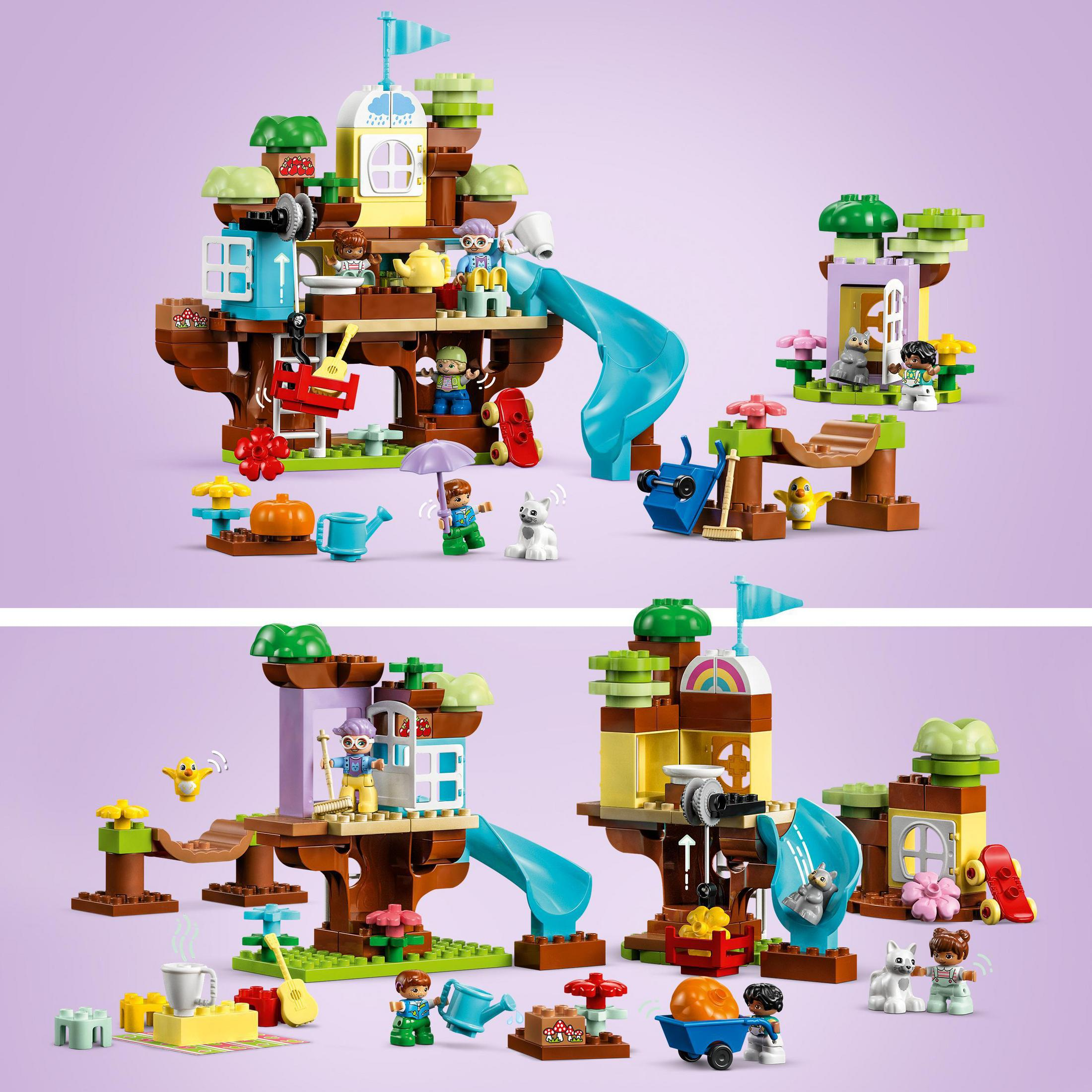 LEGO Duplo Set mit Baumhaus und Figuren. Kinder spielen mit verschiedenen Elementen. Lila Hintergrund.