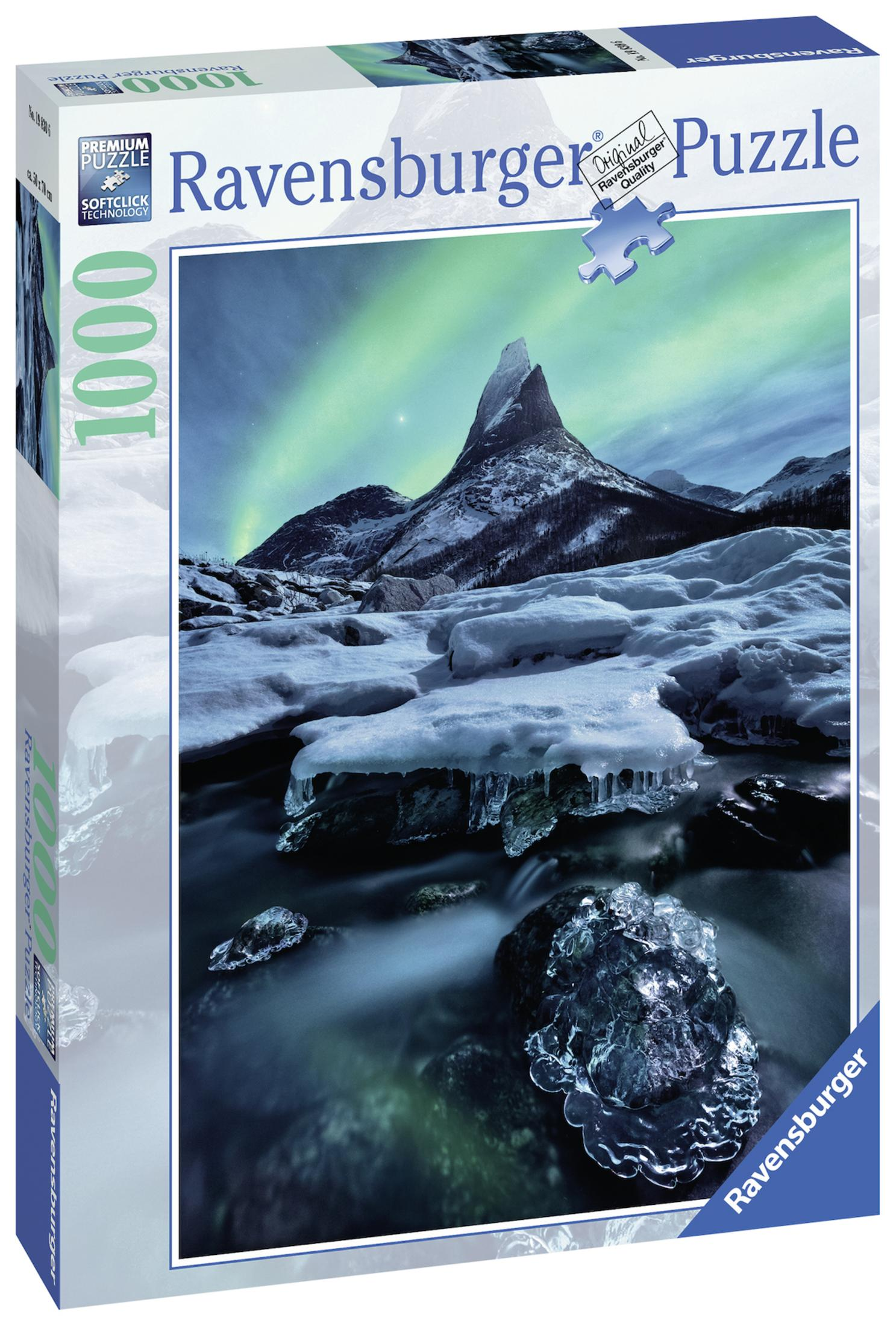 Puzzledose zeigt eine Berglandschaft mit Nordlichtern über einem Fluss mit Eis.