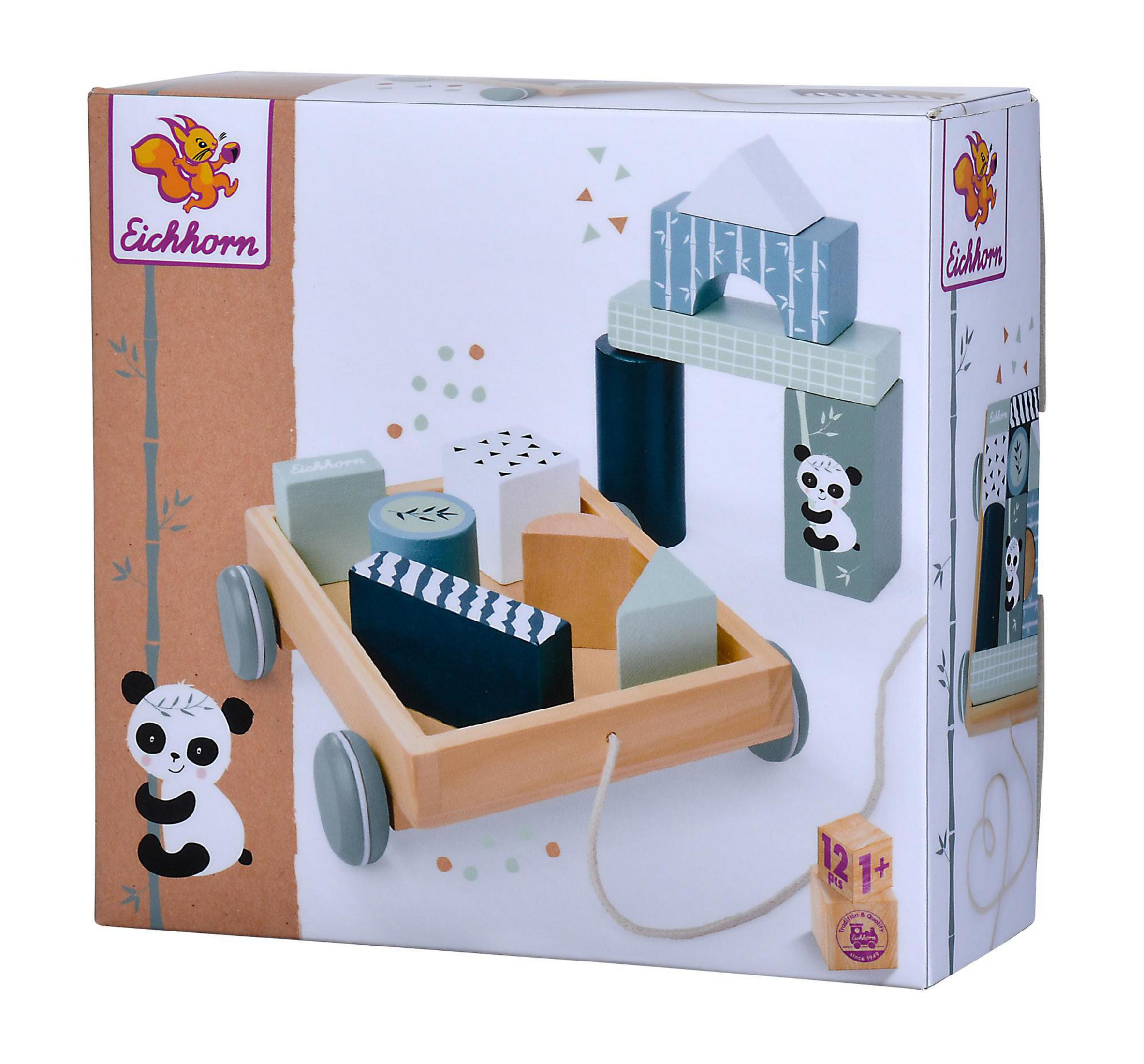 Kiste mit Holzbausteinen. Ein Panda befindet sich auf der Kiste, zusammen mit den Spielzeugblöcken und einem kleinen Wagen.