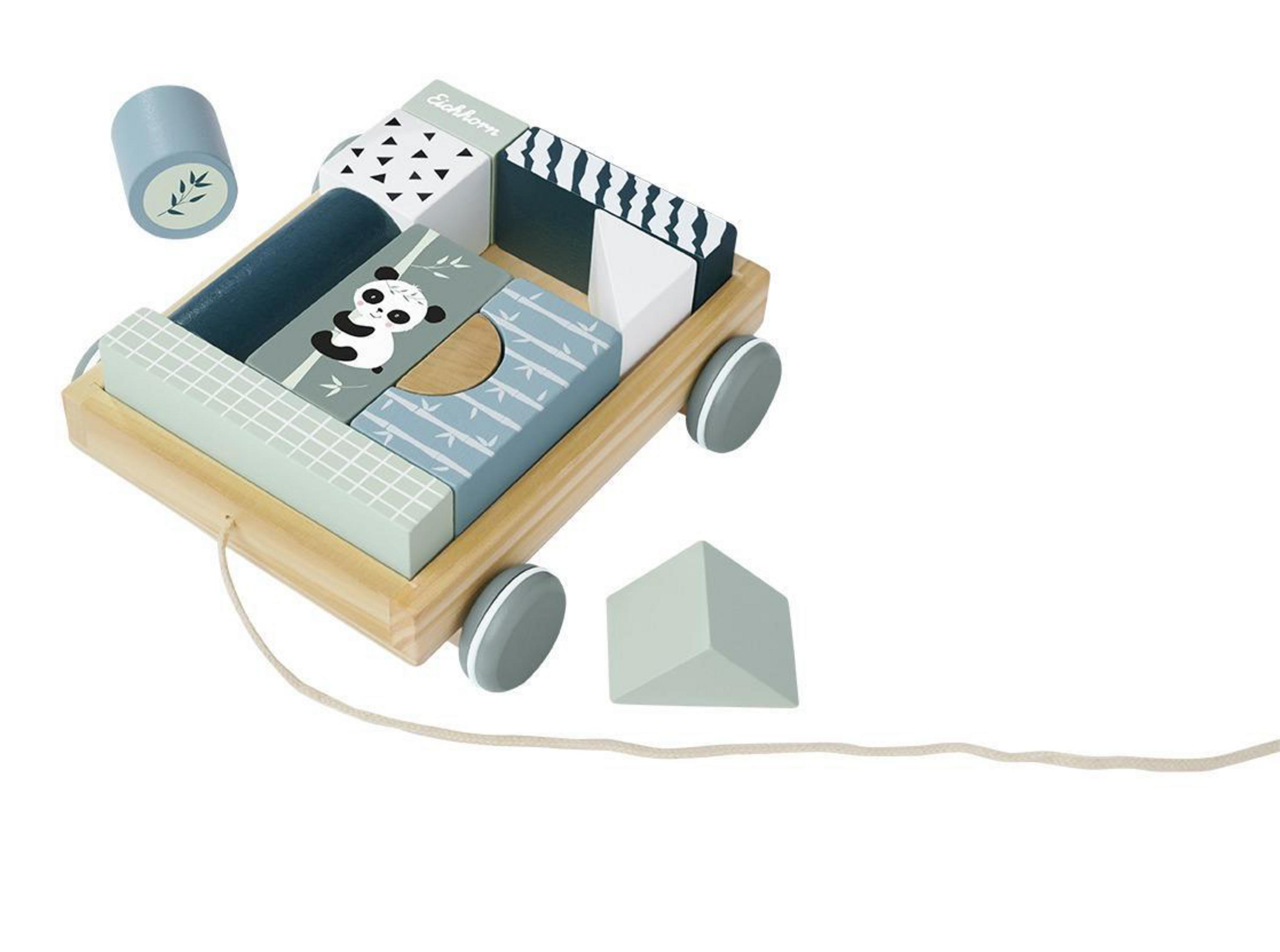 Ein Holzspielzeugwagen mit bunten Blöcken, Panda-Design und einer Zugschnur.
