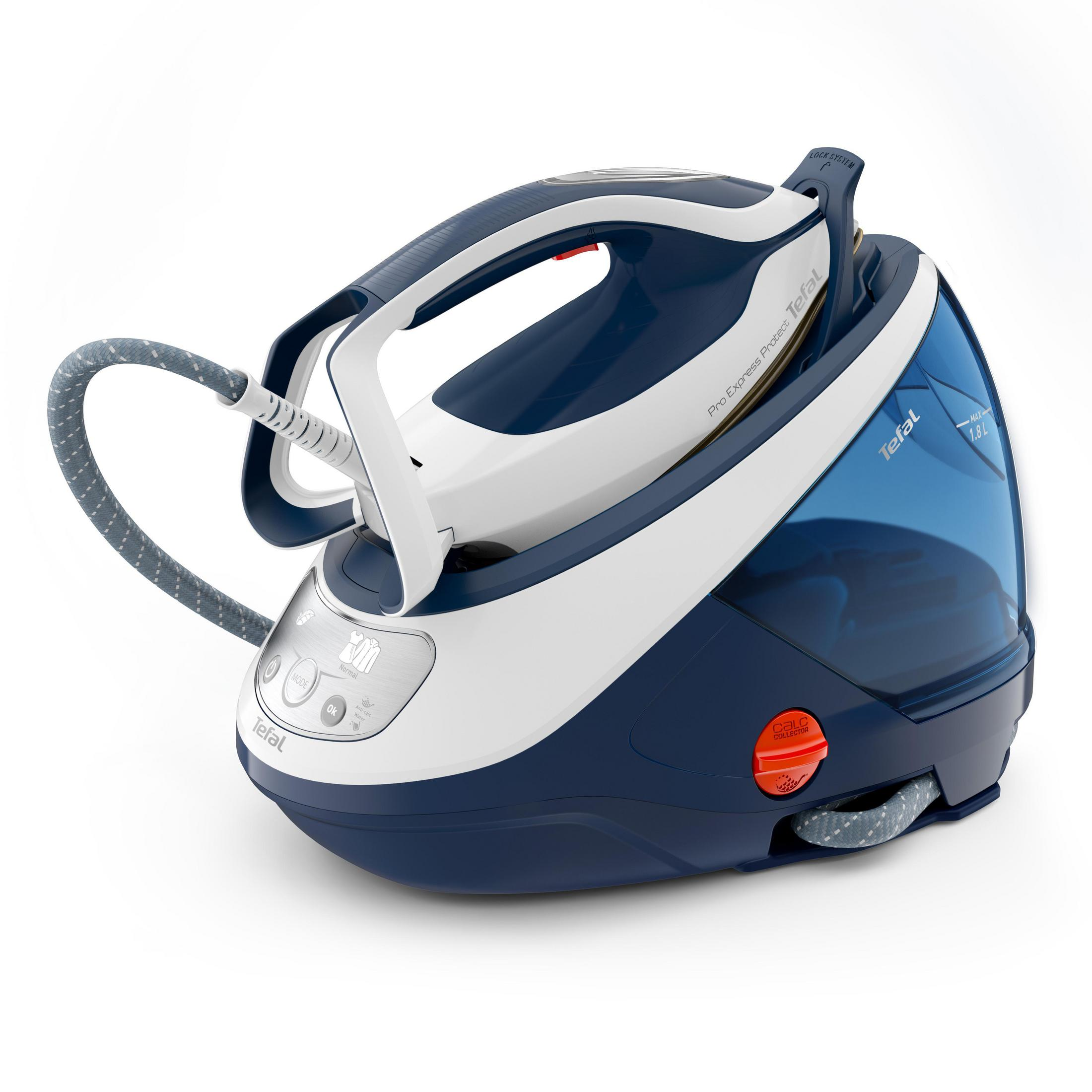 Ein blaues und weißes Tefal Dampfbügeleisen mit weißem Hintergrund.