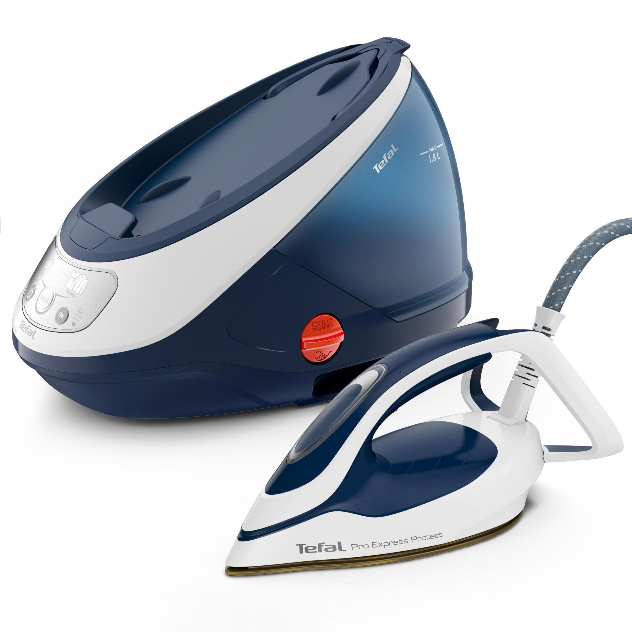 Ein Tefal Pro Express Protect Bügeleisen und seine Basis. Das Bügeleisen ist blau und weiß.