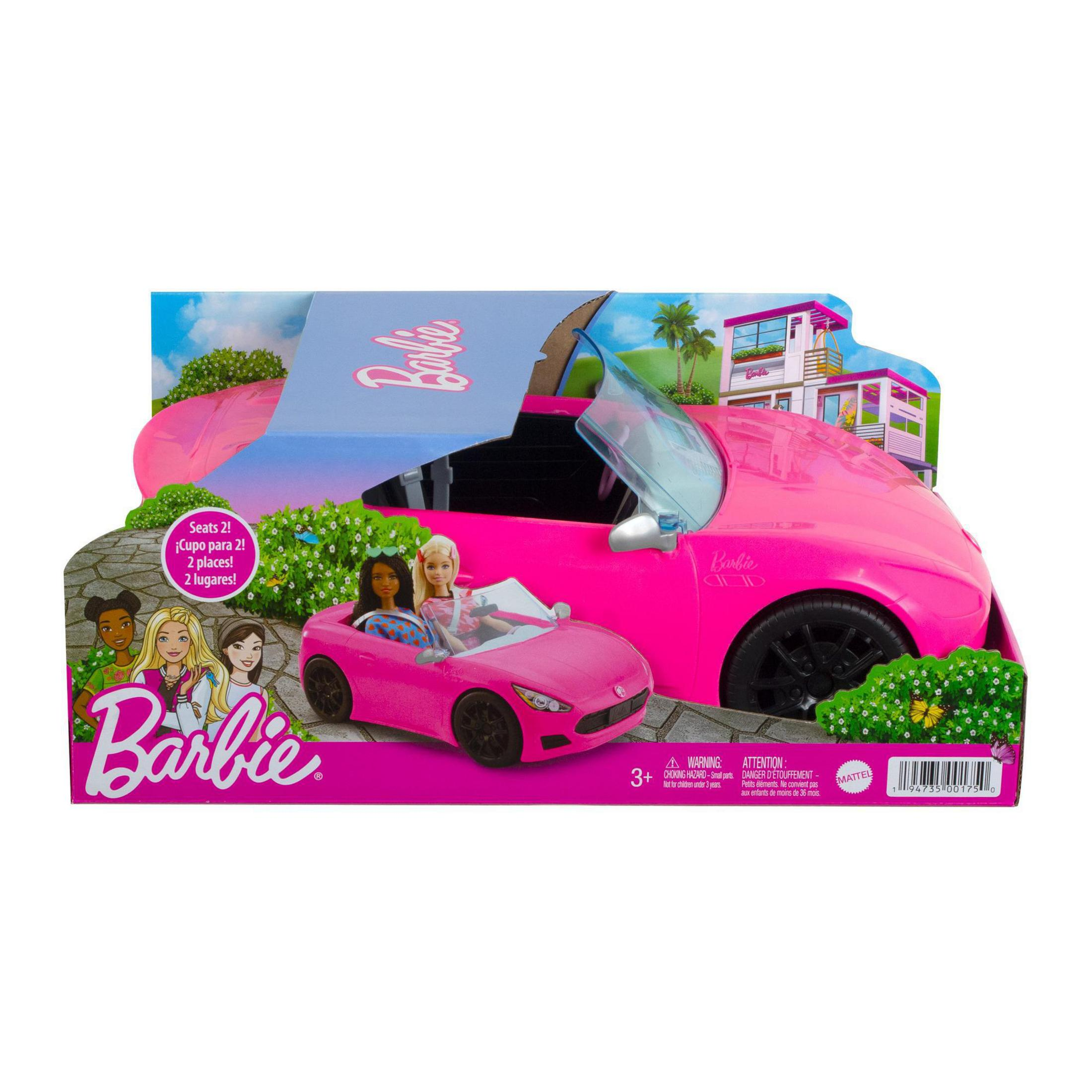 Barbie-Autoverpackung. Zeigt ein pinkfarbenes Cabrio mit Barbie und Freunden sowie das Barbie-Logo.