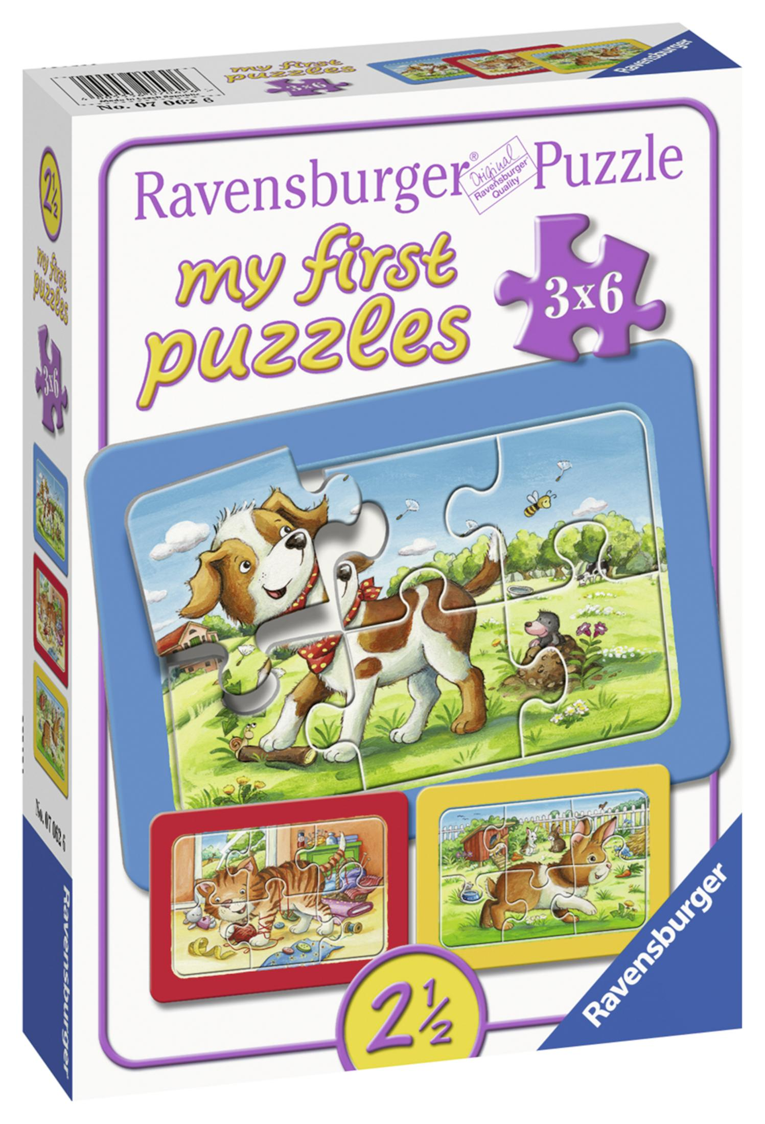 Puzzledose zeigt ein Hunde-Puzzle. Andere Puzzles mit Katze und Hund werden gezeigt.