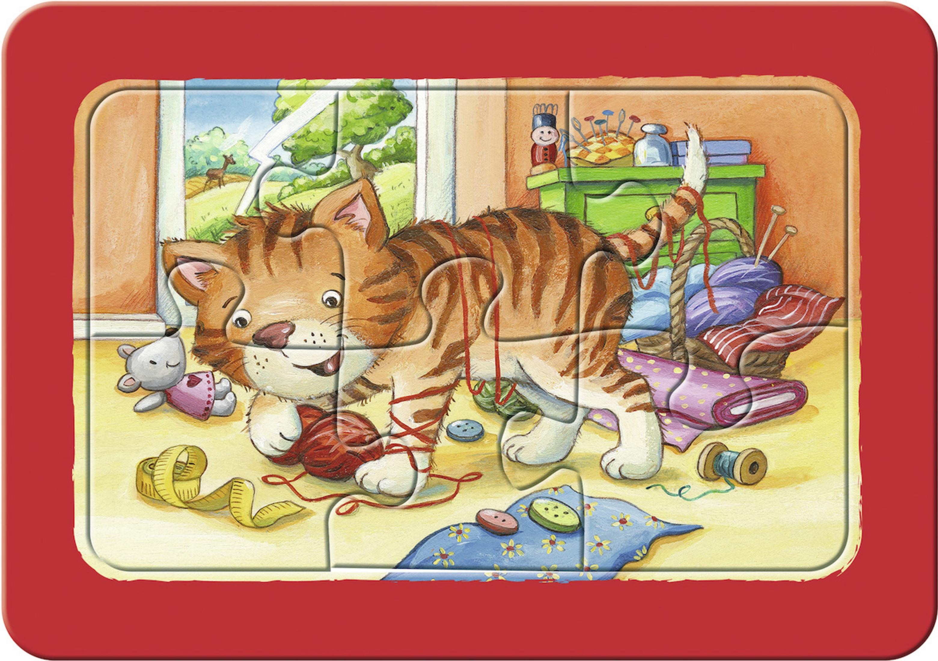 Eine Katze spielt mit Garn auf einem Puzzlespiel mit rotem Rand.