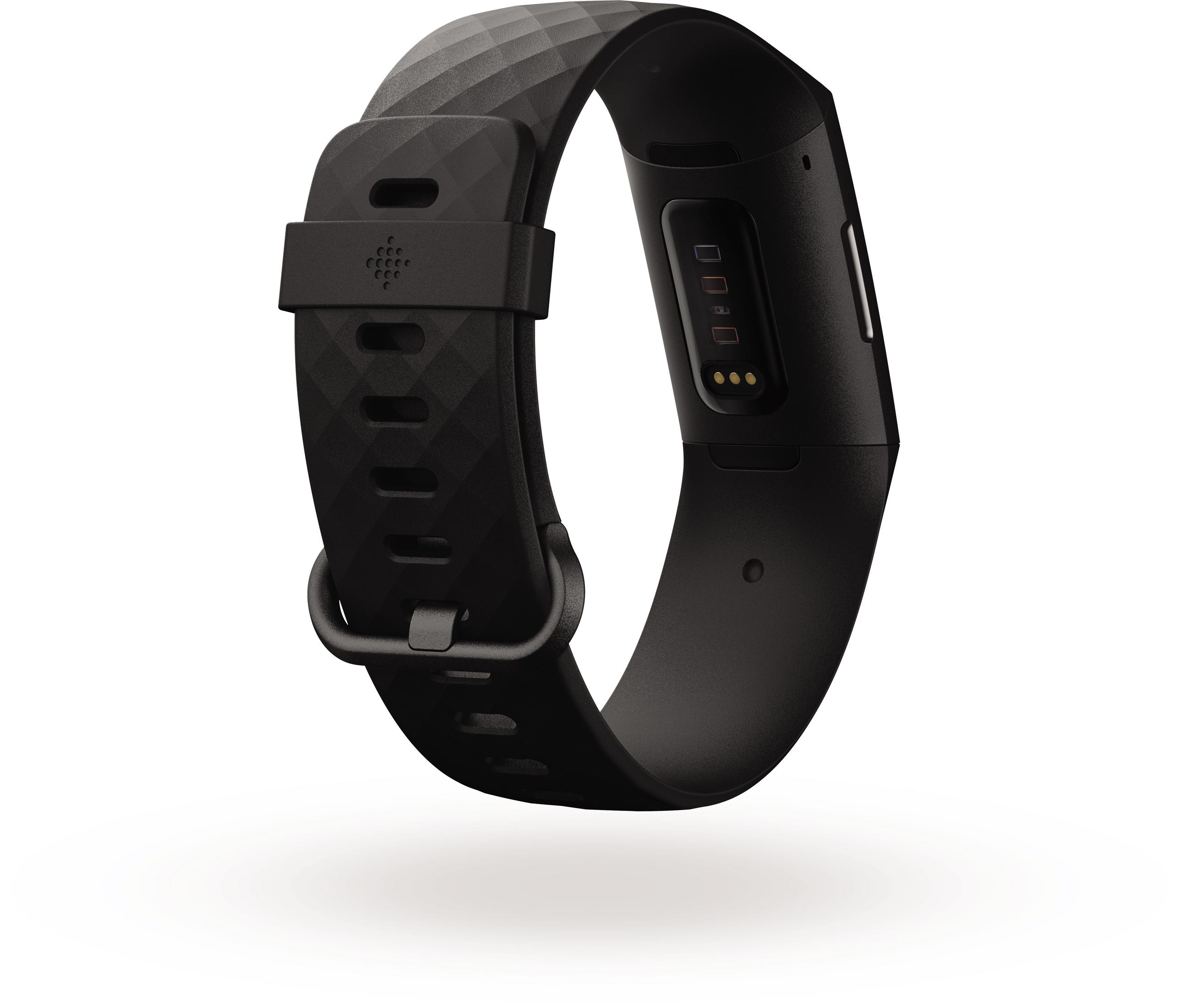 Schwarzer Fitbit Fitness-Tracker, Nahaufnahme, zeigt Armband und Bildschirm. Weißer Hintergrund, gut beleuchtet.