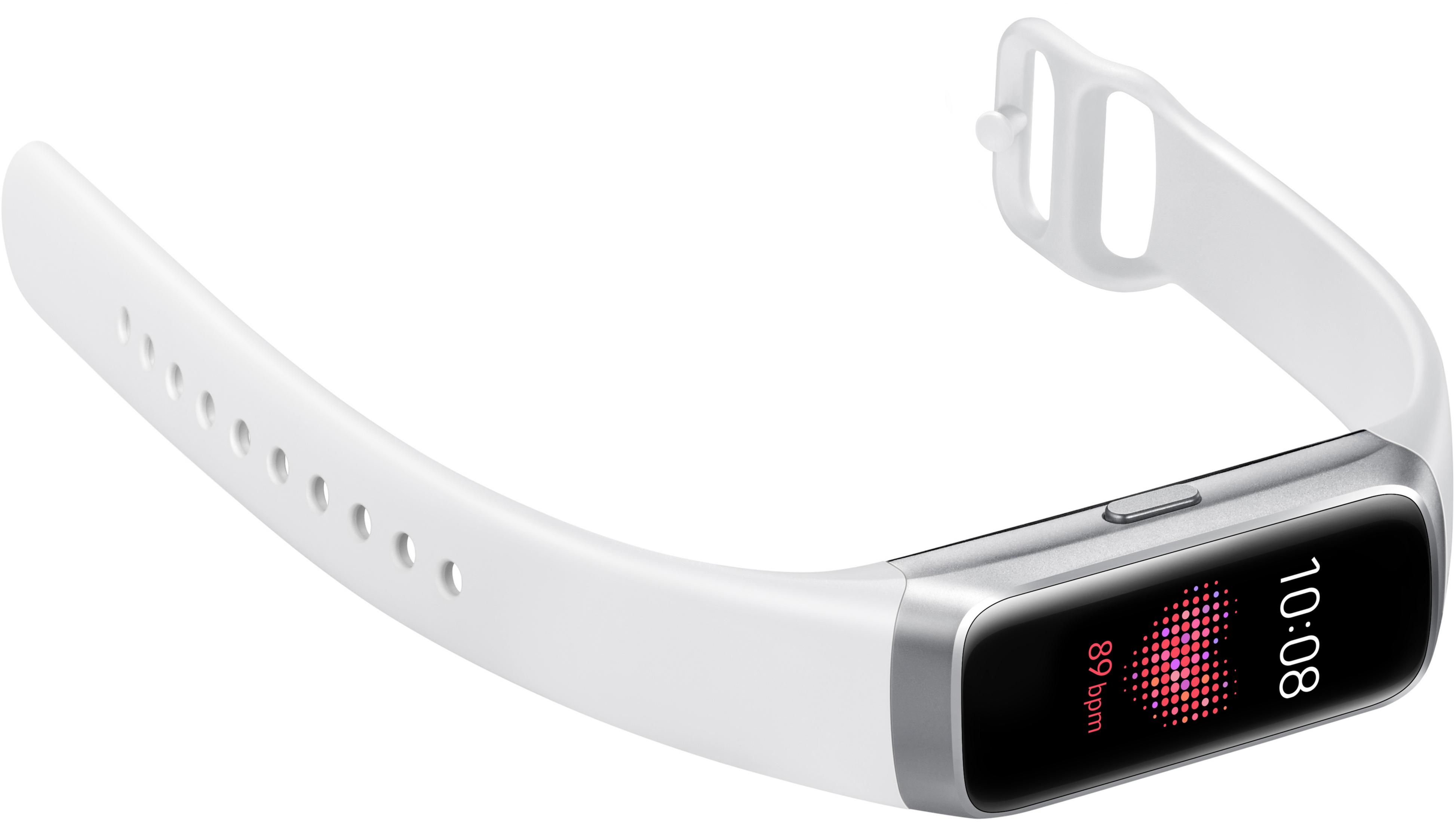 Weiße Smartwatch zeigt Zeit und Herzfrequenz. Armband ist weiß. Silberne Ränder umgeben den schwarzen Bildschirm.