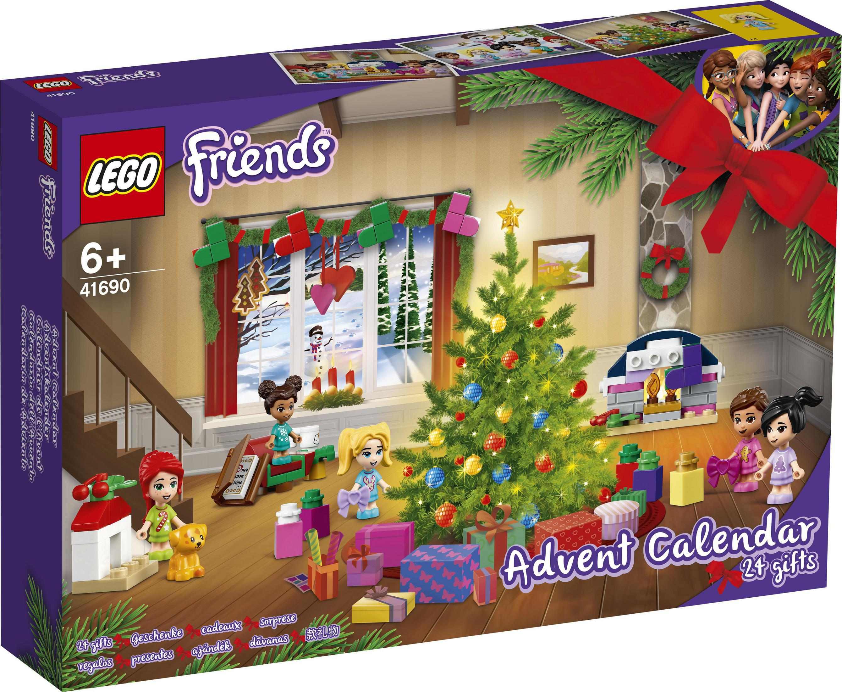 A Lego Friends Advent Calendar box with figures and a decorated Christmas scene.
