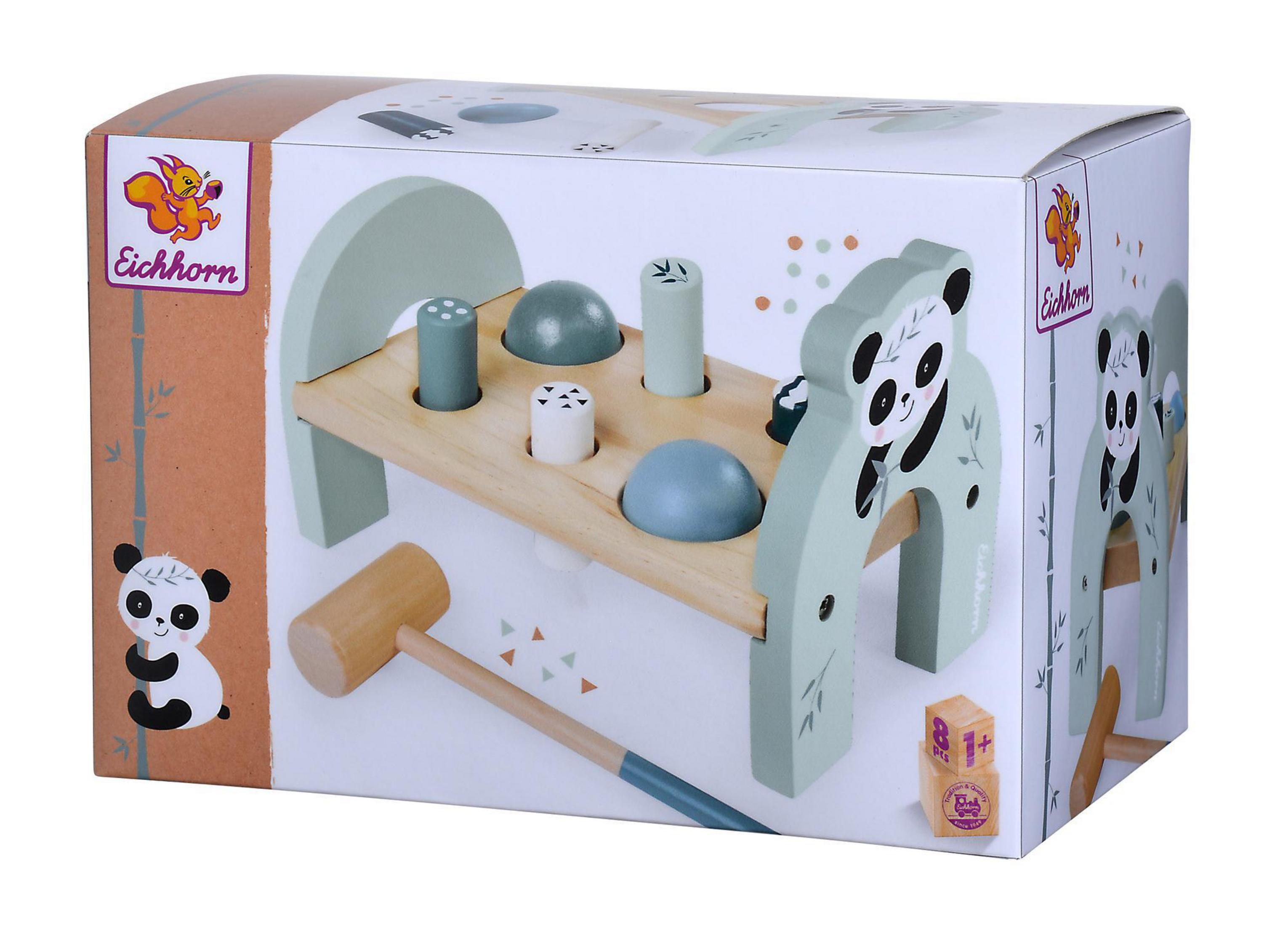Ein Holzspielzeug mit Panda und Schlägel, in einer bunten Box.