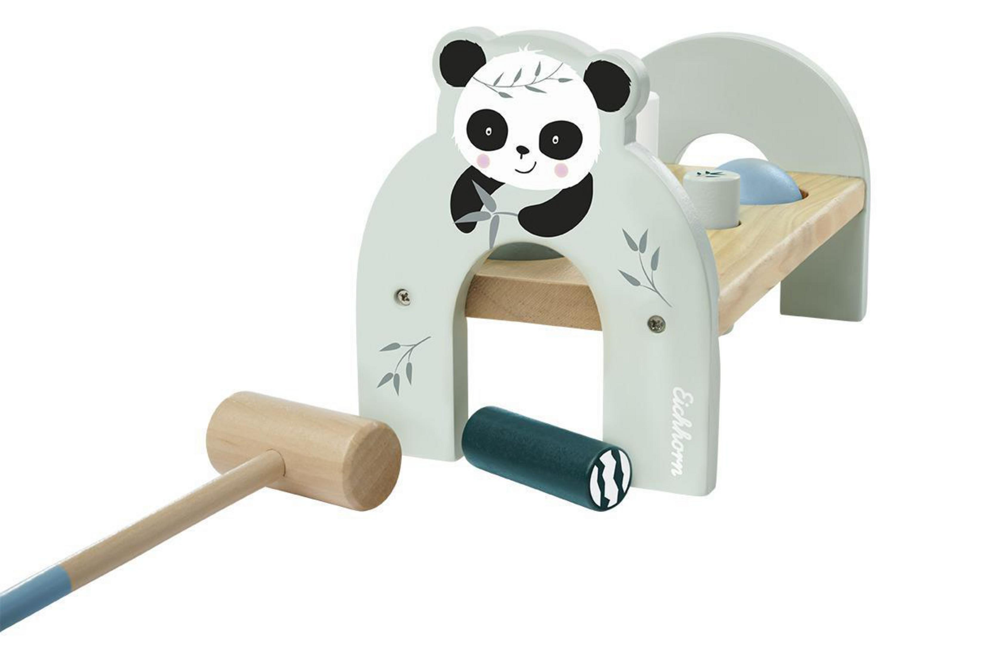 Holzspielzeug mit Panda, Hammer und bunten Zylindern.