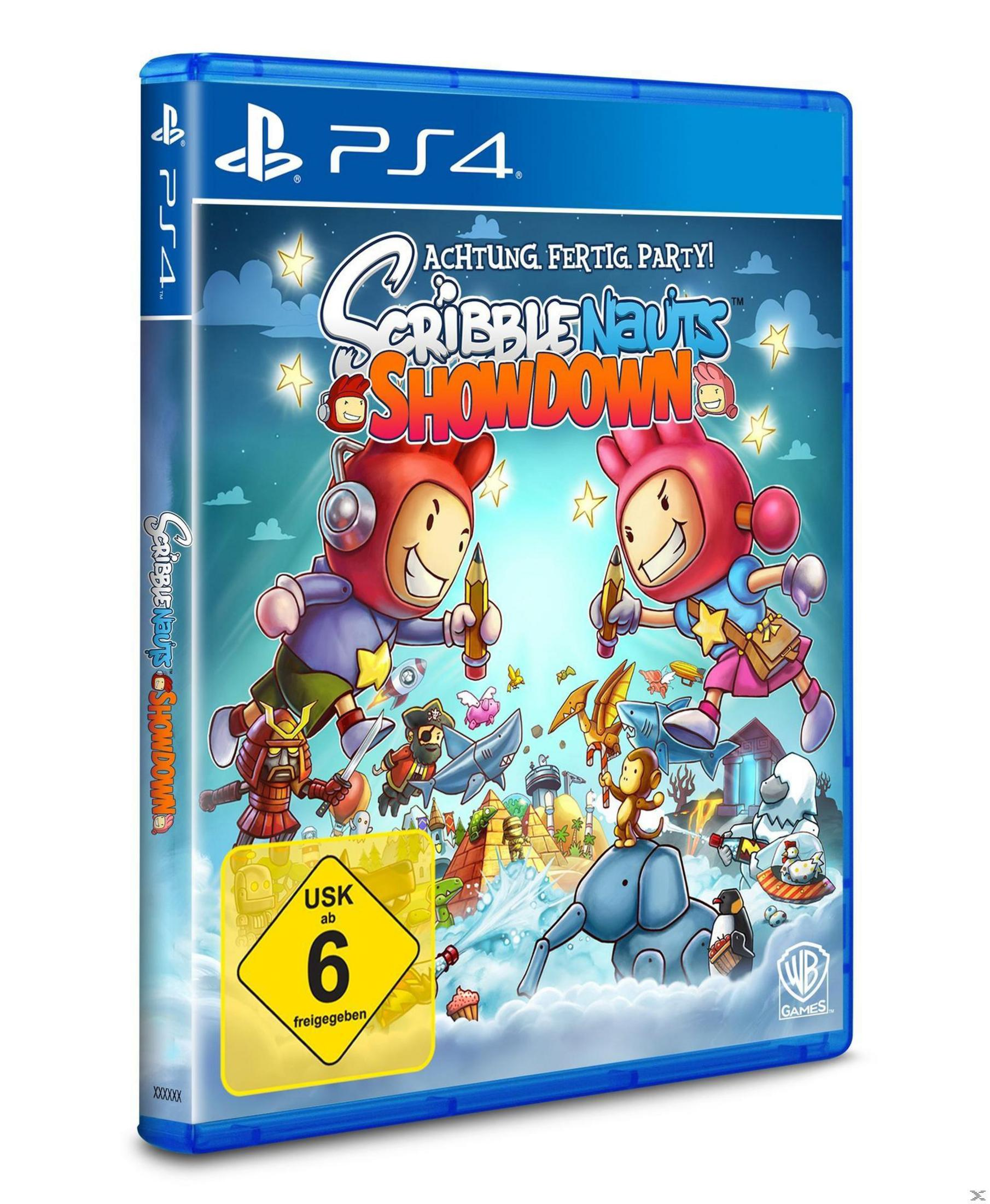 PS4-Spielbox mit Scribblenauts-Charakteren. Helle Farben, Cartoon-Stil, mit Spieletitel und Logo.
