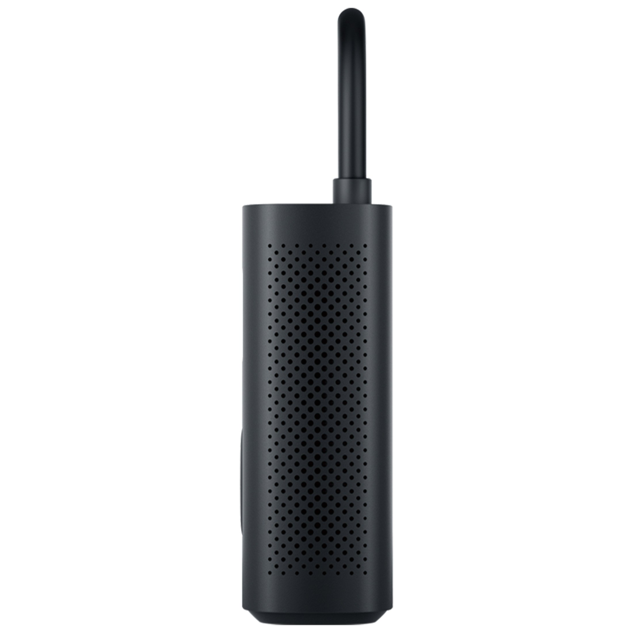 Un dispositivo inteligente cilíndrico negro con antena, con orificios perforados para el sonido.