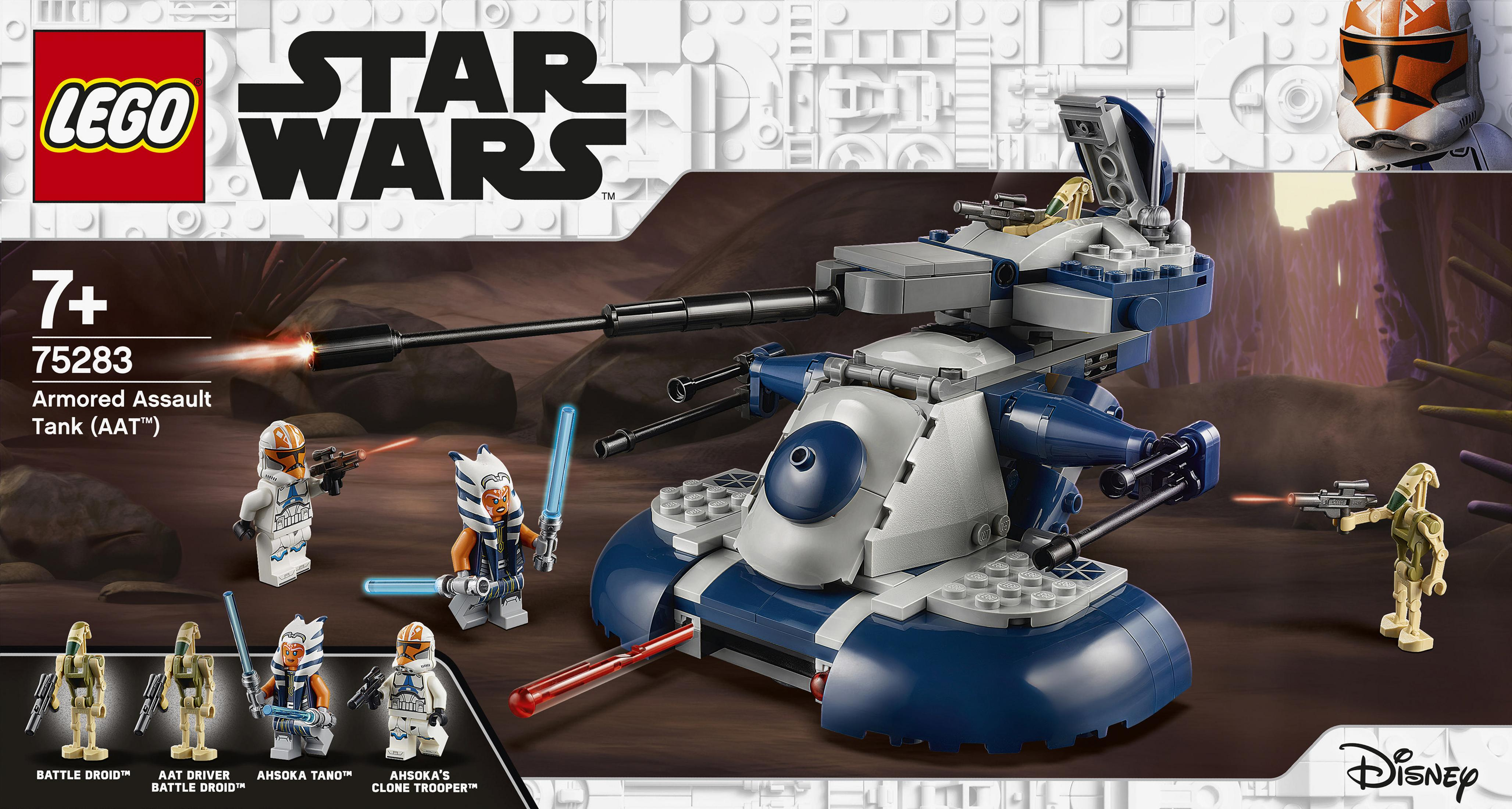 A Lego Star Wars set with a tank and several mini-figures including Clone Troopers and Ahsoka Tano.