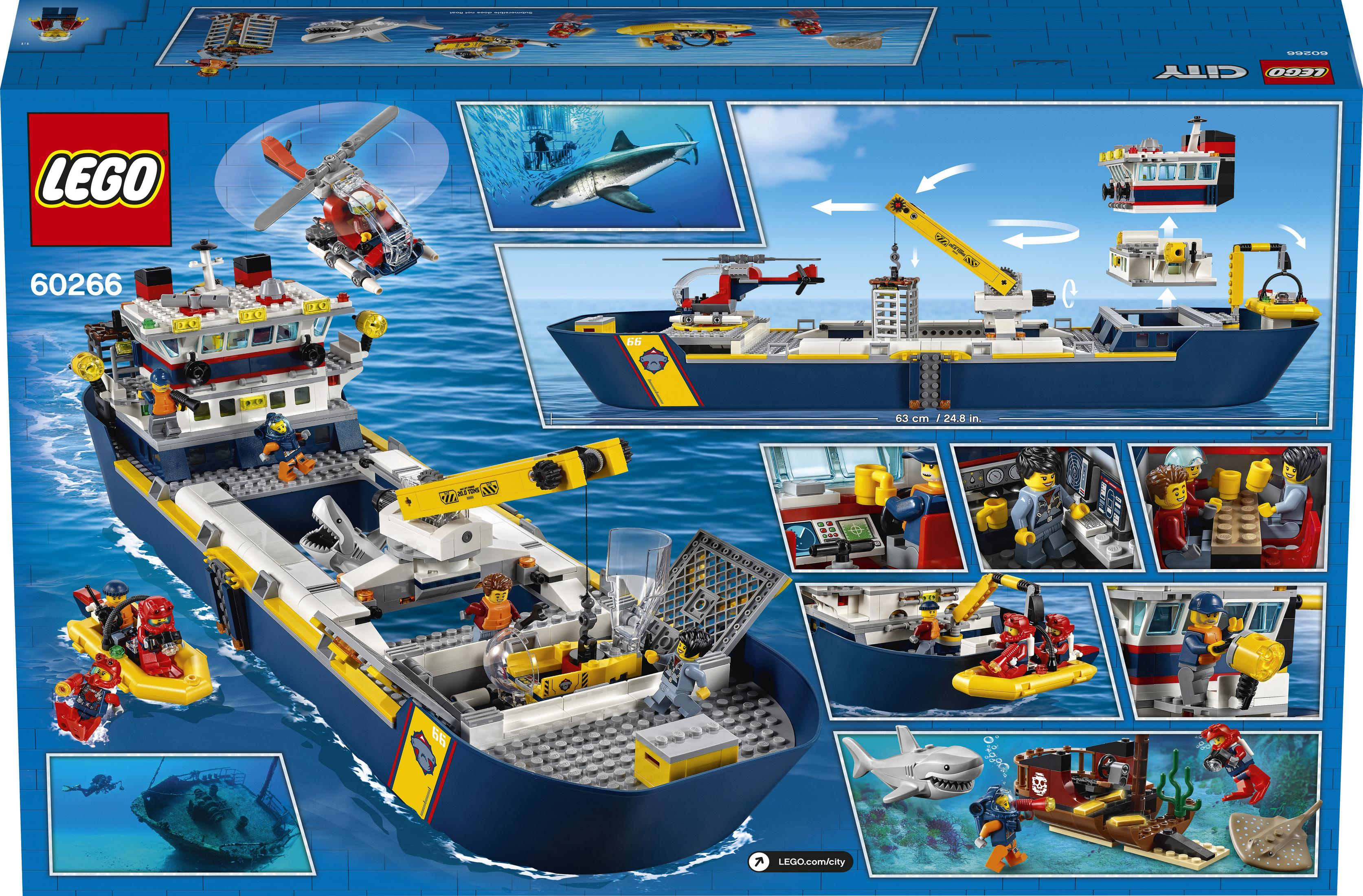 Lego City set doos met een groot blauw-geel schip, helikopters, haaien en duikers op zee.