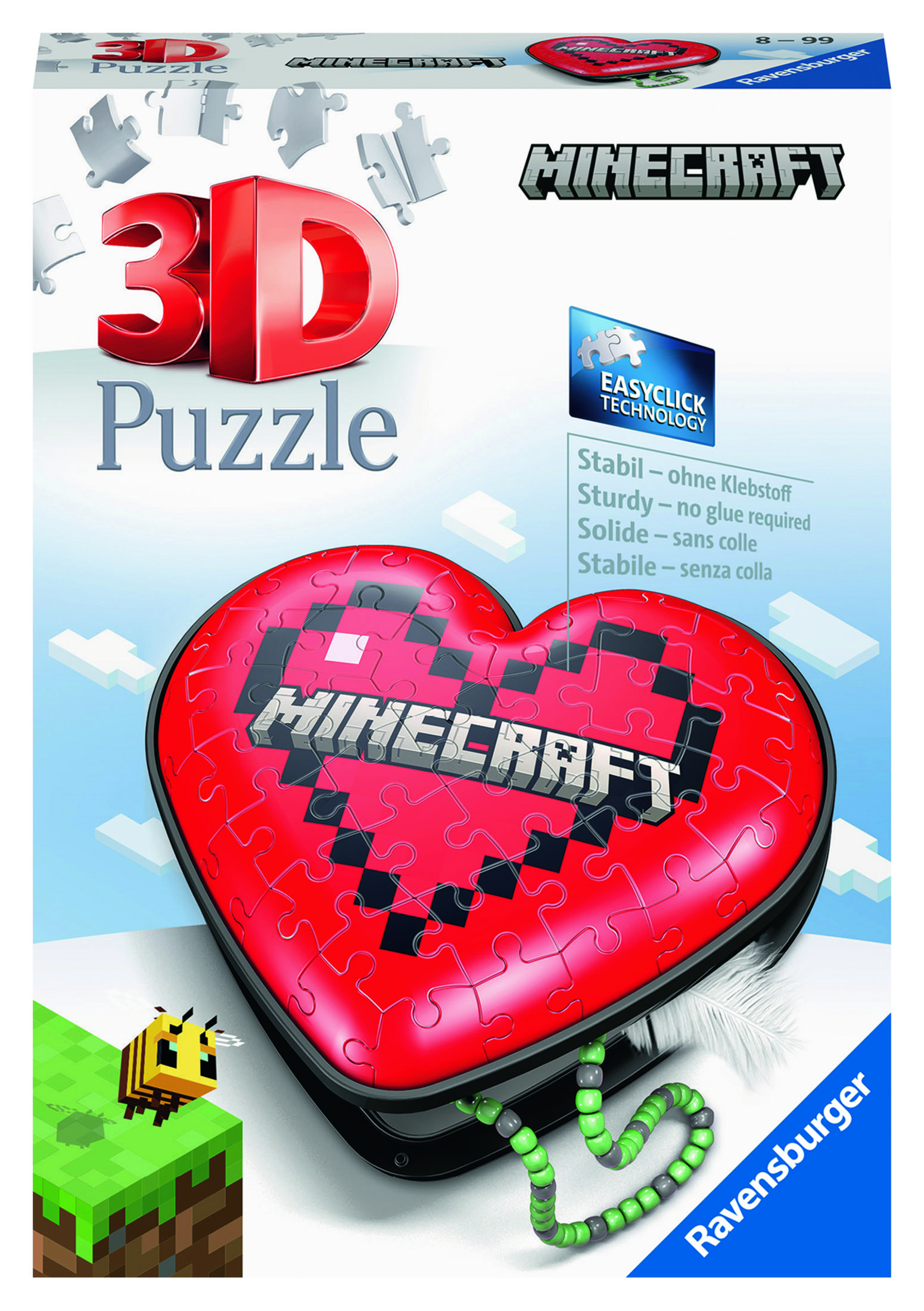 Puzzle 3D Minecraft. Scatola a forma di cuore, puzzle a cuore rosso, ape e serpente verde.