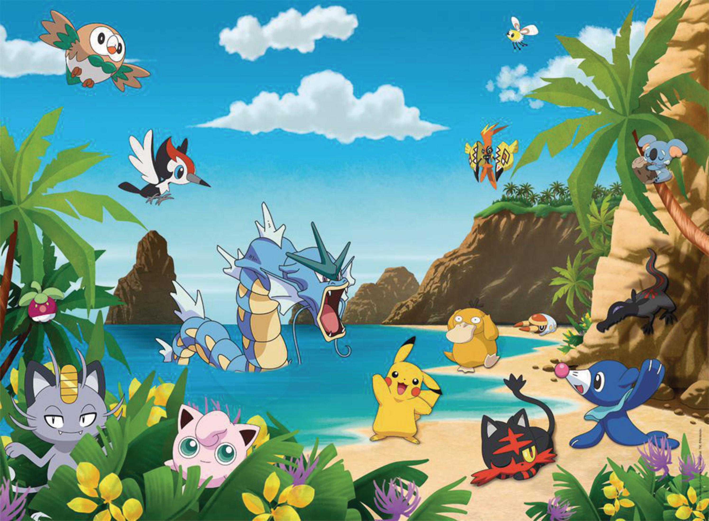 Postacie Pokemon na plaży. Są palmy i morze.