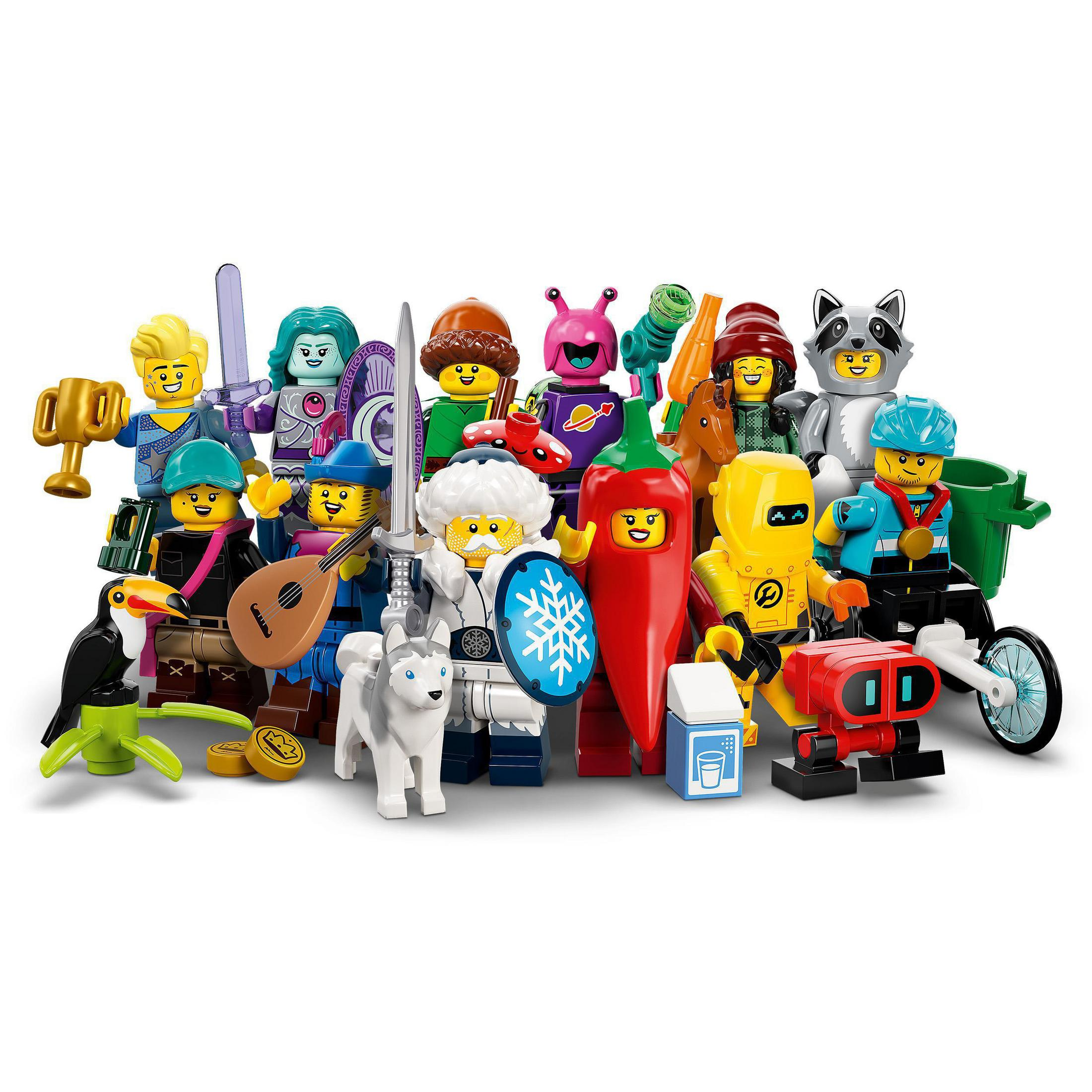 Eine Gruppe von Lego-Minifiguren, jede mit einzigartigen Merkmalen, auf weißem Untergrund.