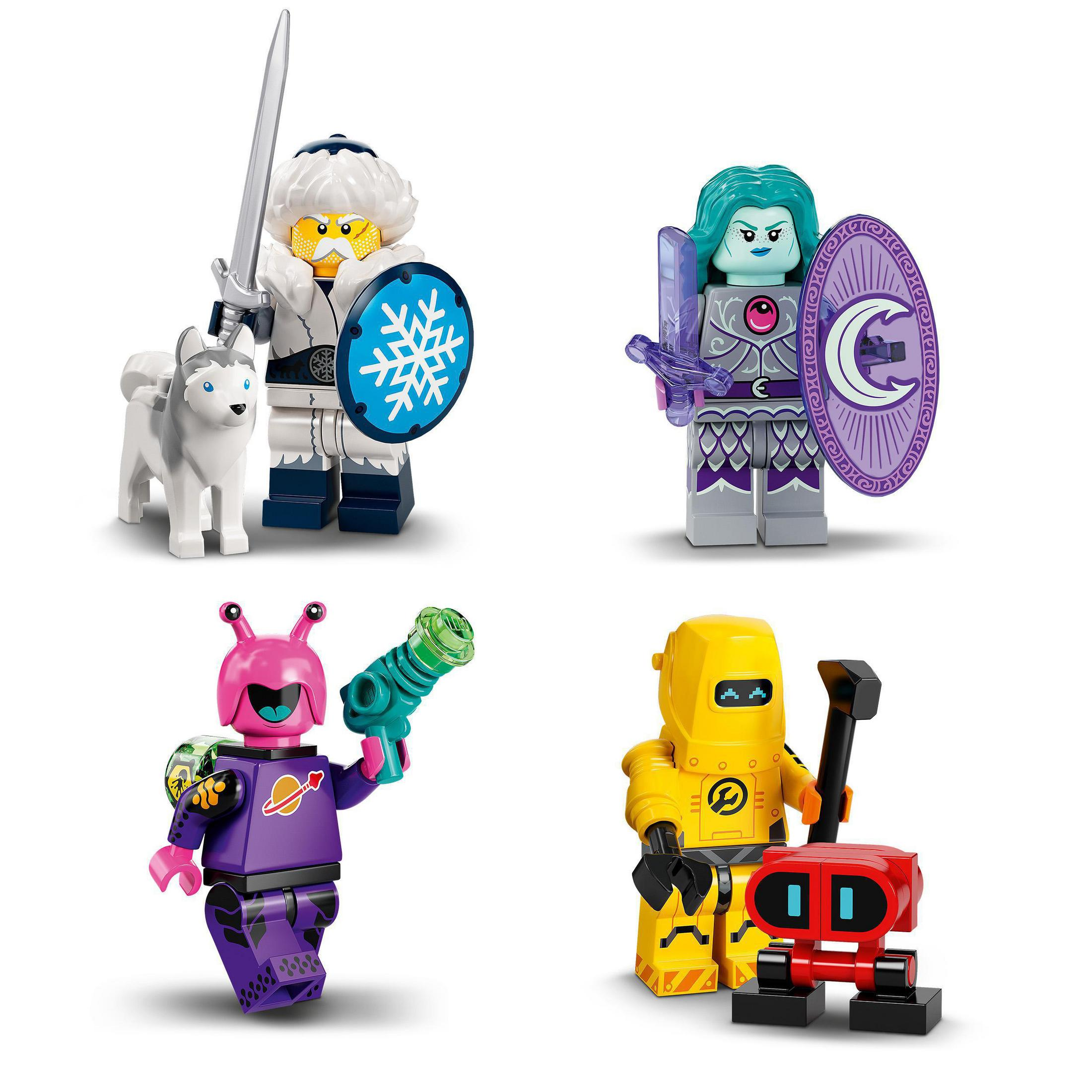 Vier LEGO-Minifiguren. Ein Ritter, ein Cyborg, ein Weltraum-Alien und ein Roboter sind zu sehen.