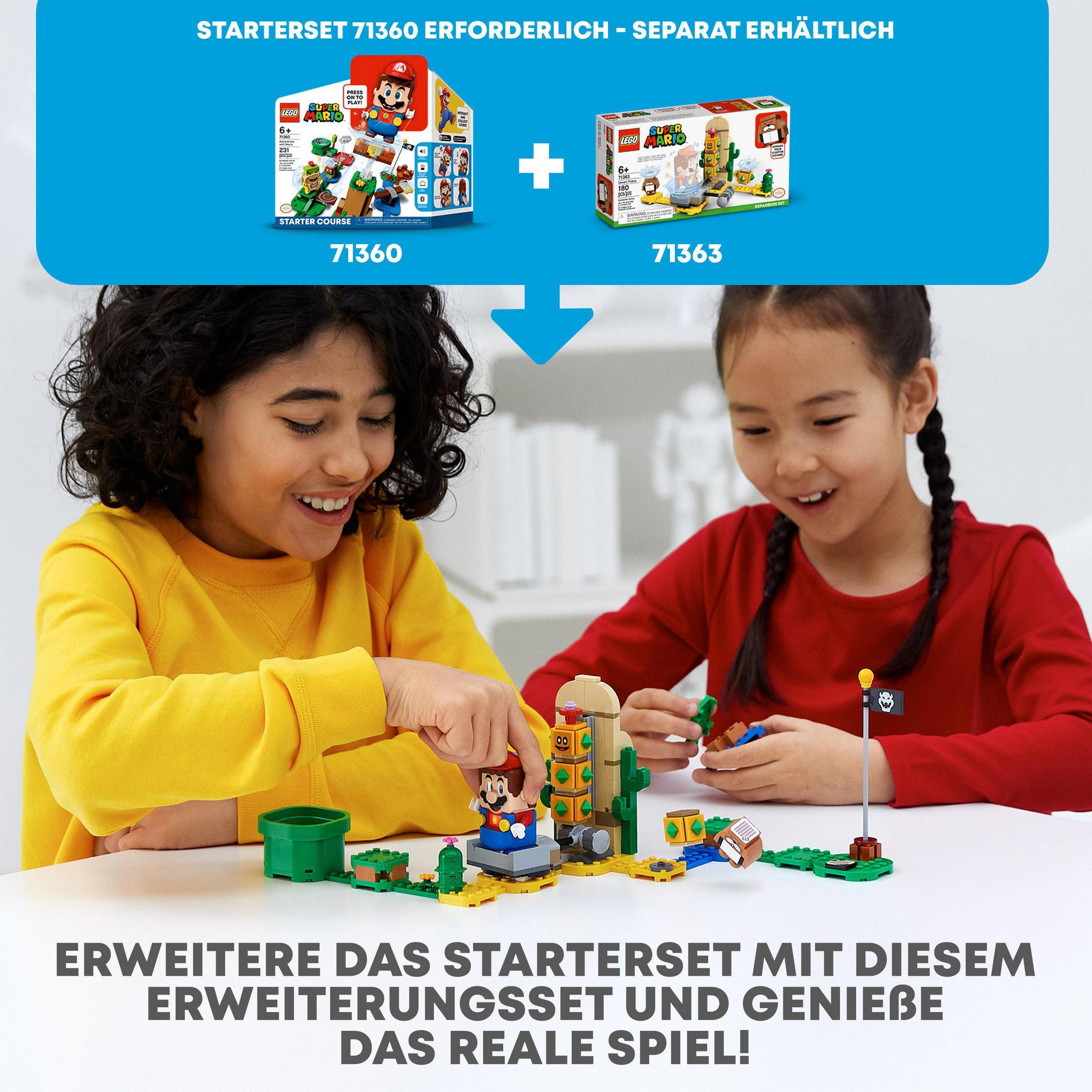 Due set Lego Mario, con due ragazze che li assemblano. Una ragazza indica il set.