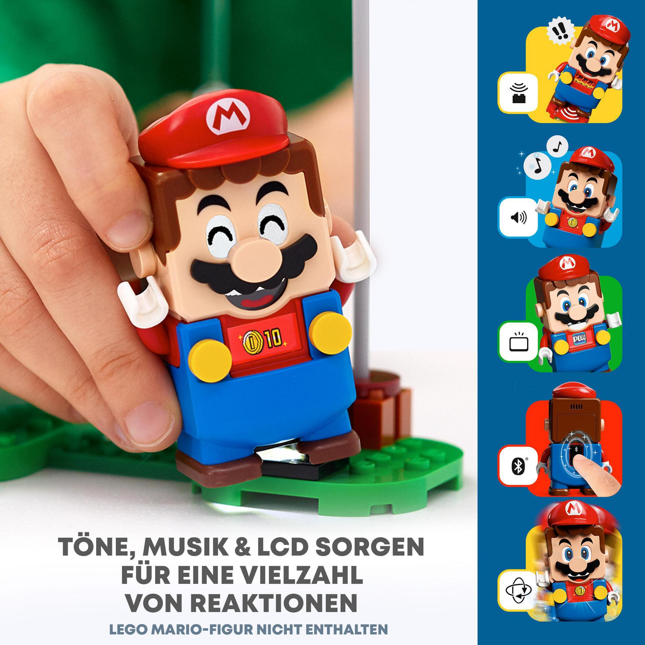 Personaggio Lego Mario con varie reazioni. Una mano tiene il personaggio. Il testo è in tedesco.