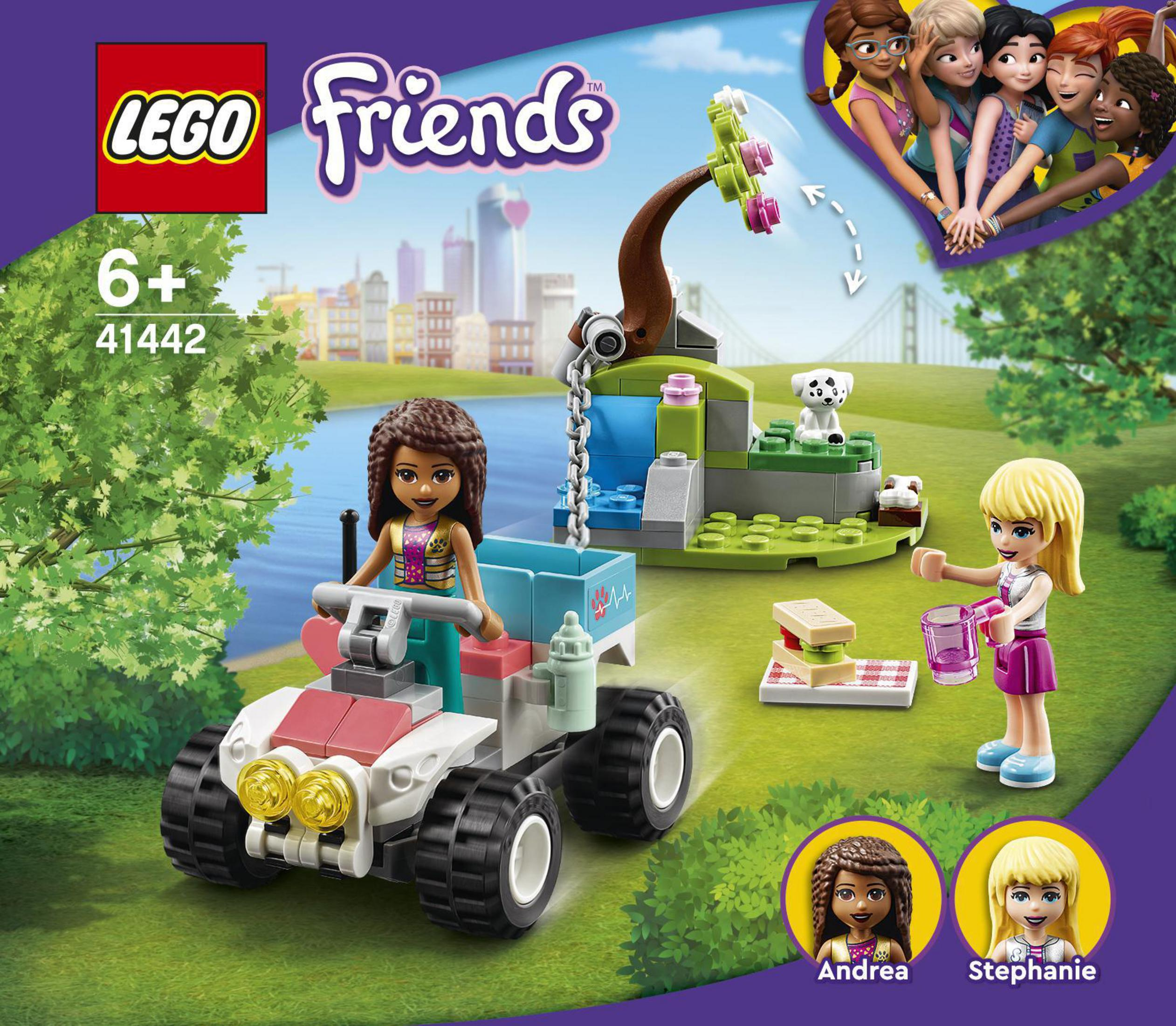 Lego Friends Set-Box. Mädchen und Quad. Eine kleine Brücke und ein Hund sind auch dabei.