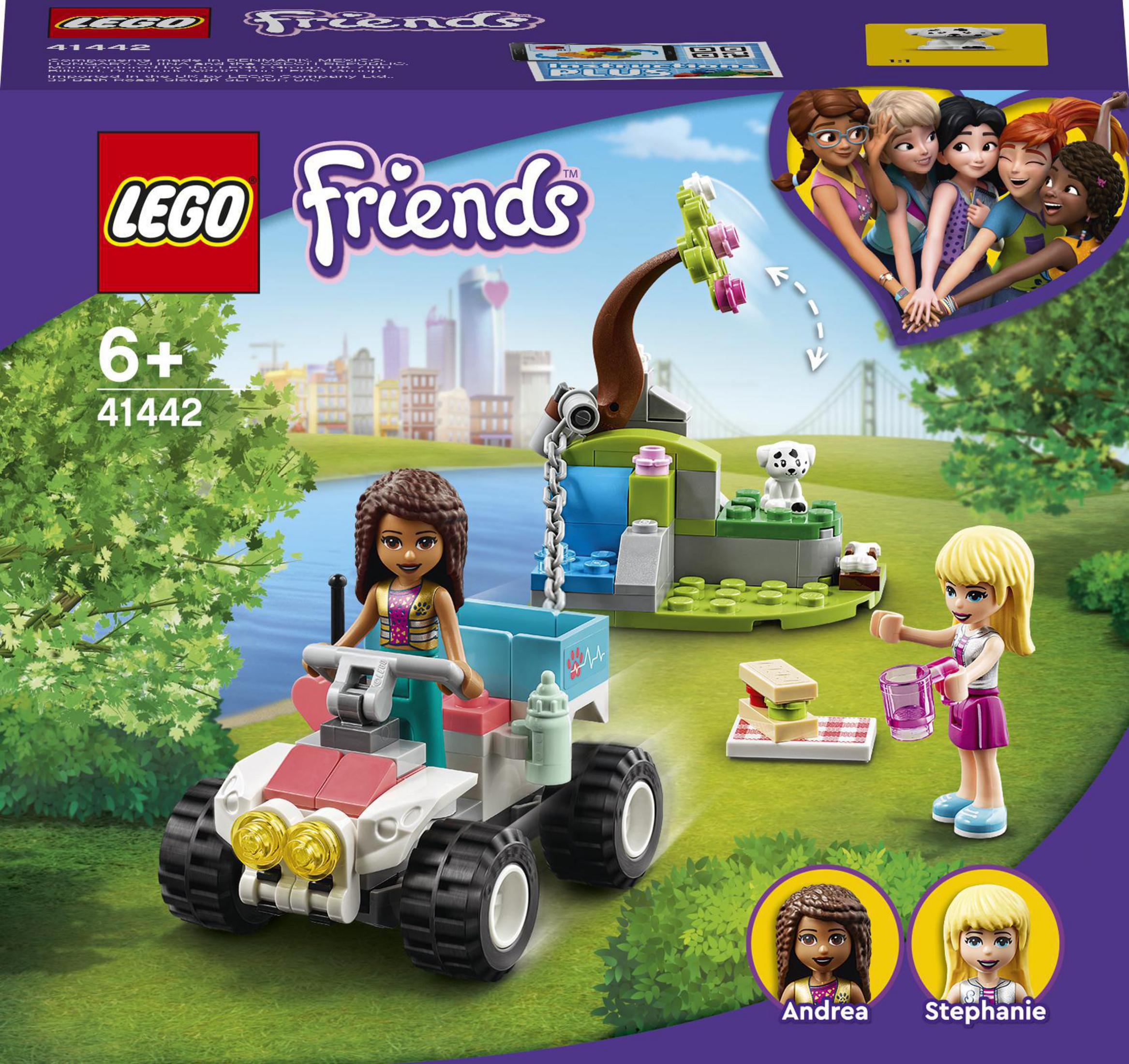 LEGO Friends Set. Enthält Figuren, ATV, Picknickplatz und eine Kulisse mit See und Skyline.