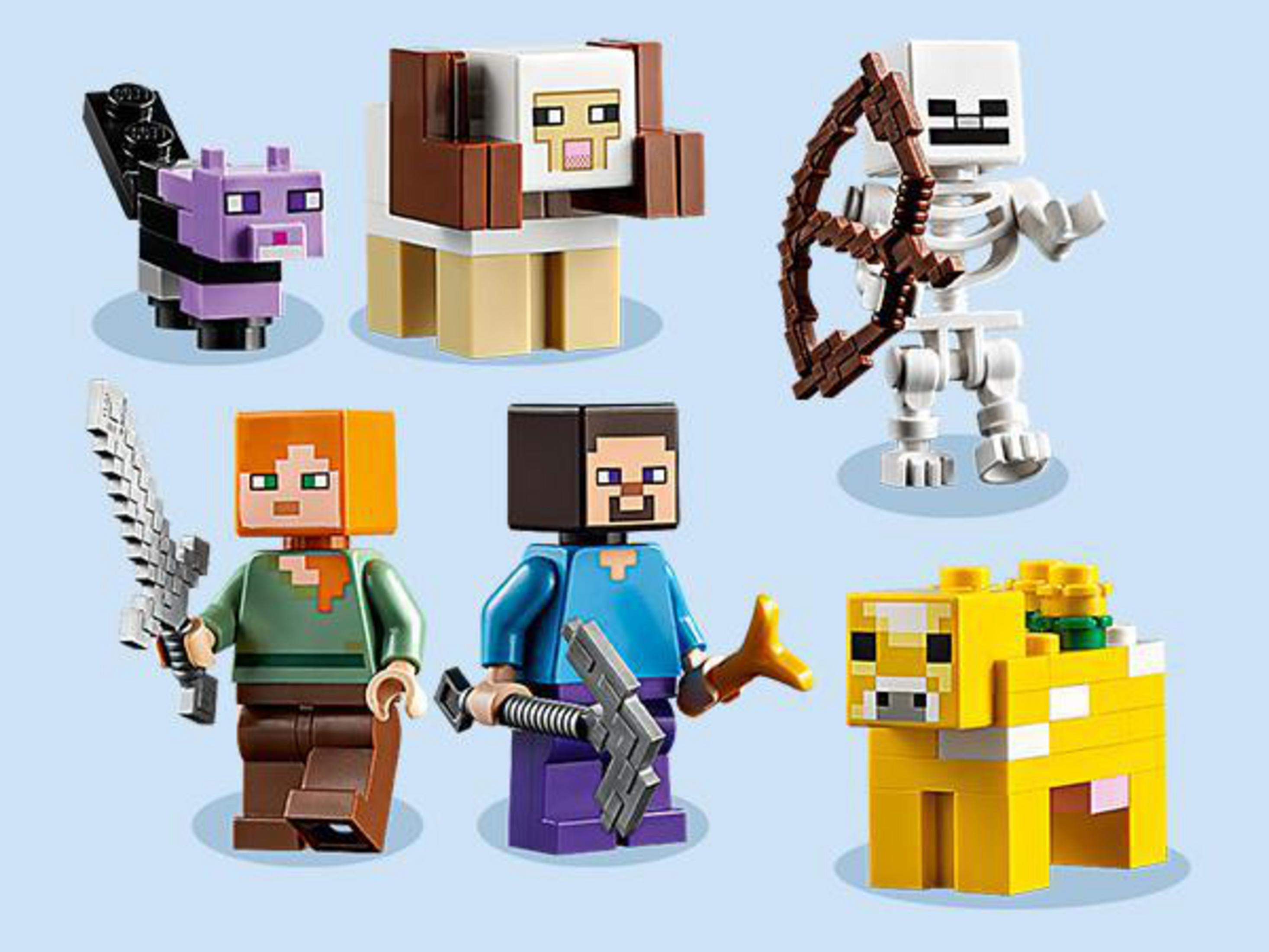 LEGO Minecraft Figuren: ein Skelett, ein Schaf, eine Kuh, eine Katze, ein Zombie und zwei Charaktere.
