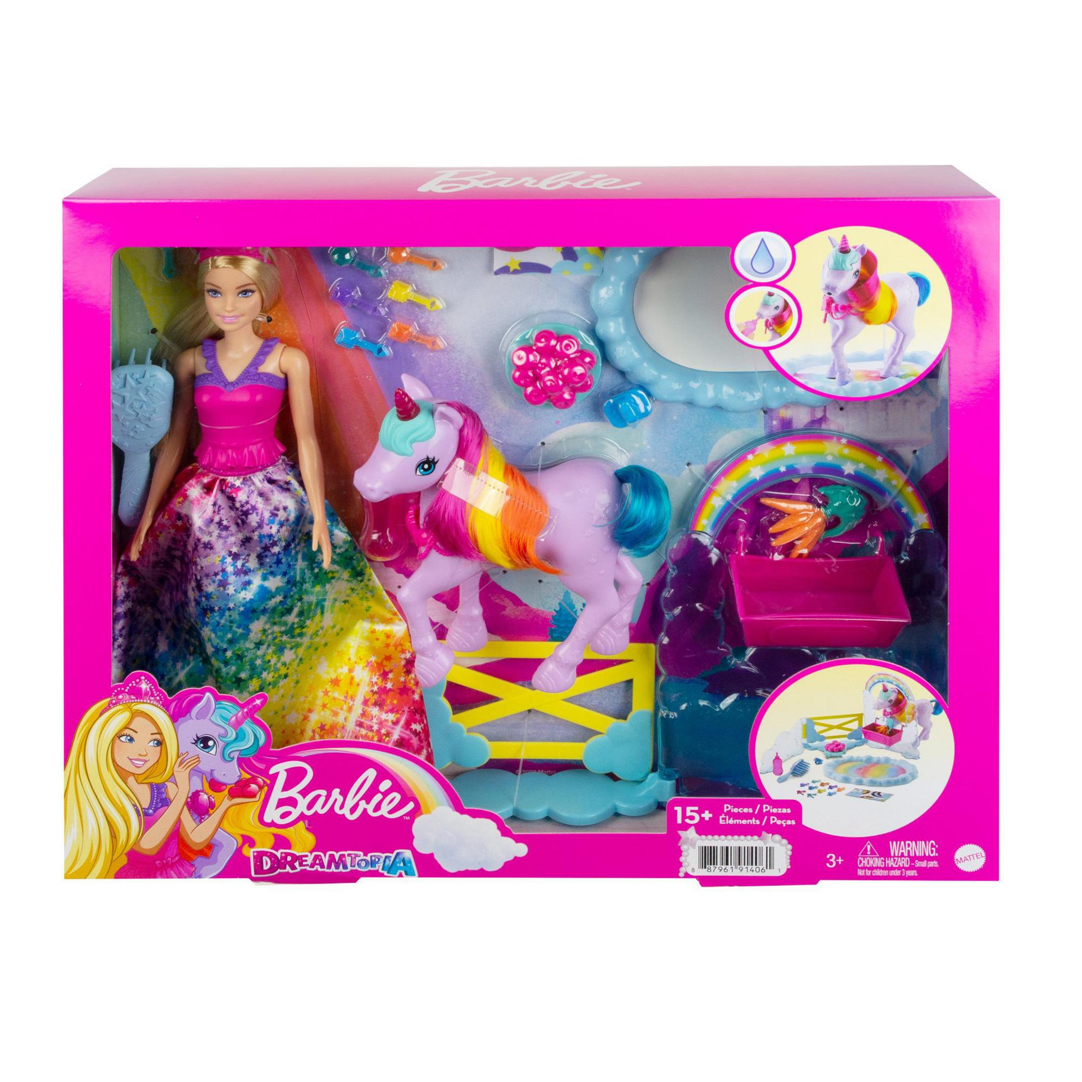 Zestaw Barbie Dreamtopia. Zawiera lalkę Barbie, jednorożca, tęczę i inne akcesoria.