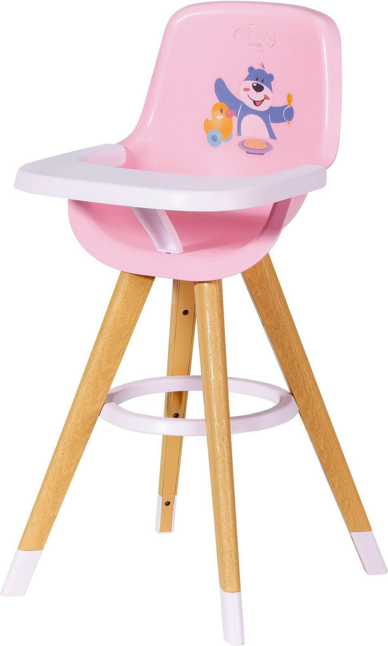 Rosa Babyhochstuhl mit Bärengrafik, Holzbeine, weißes Tablett und Fußstütze.