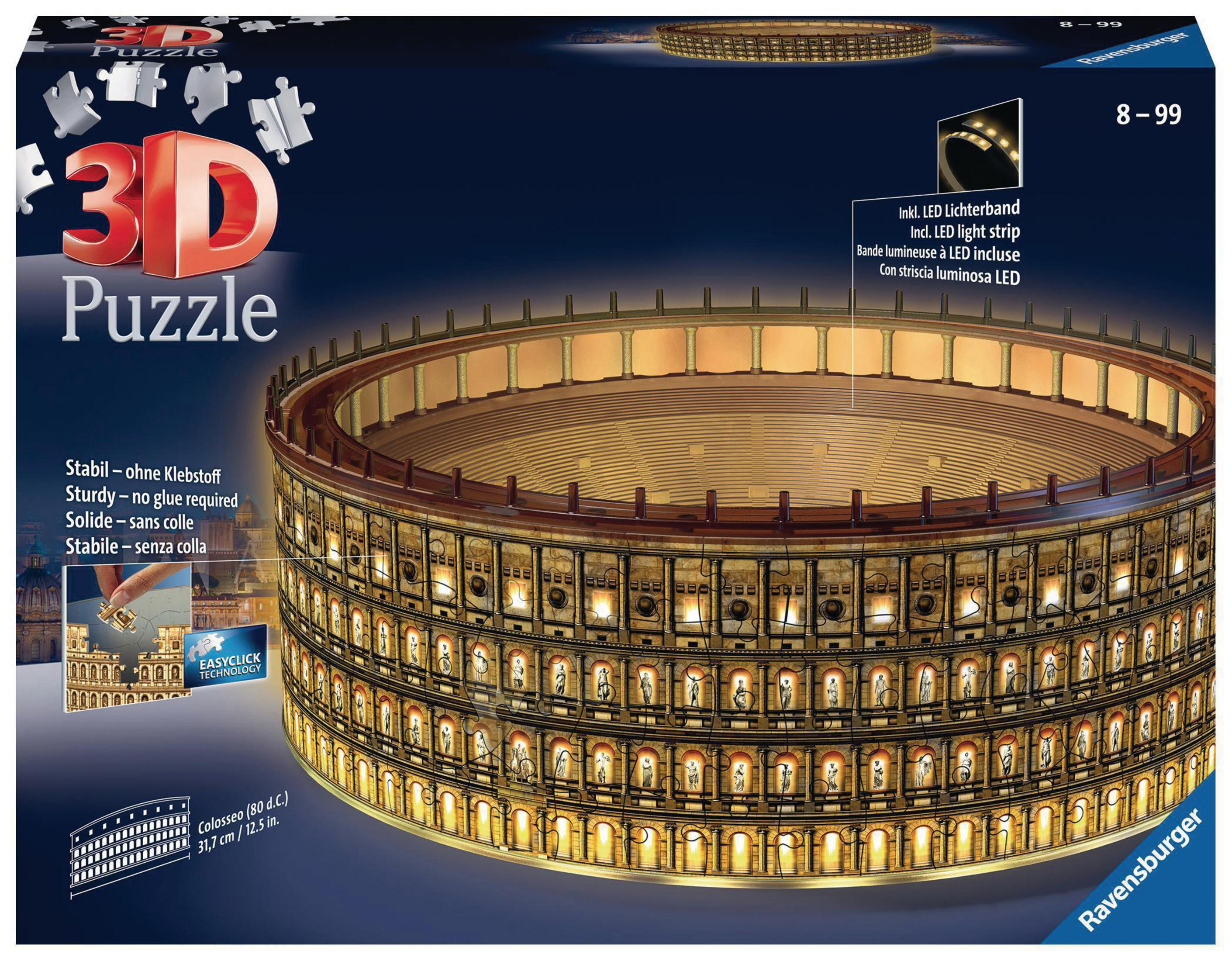 Puzzle 3D Koloseum ze światłami w środku. Pudełko zawiera nazwę i obraz puzzli.