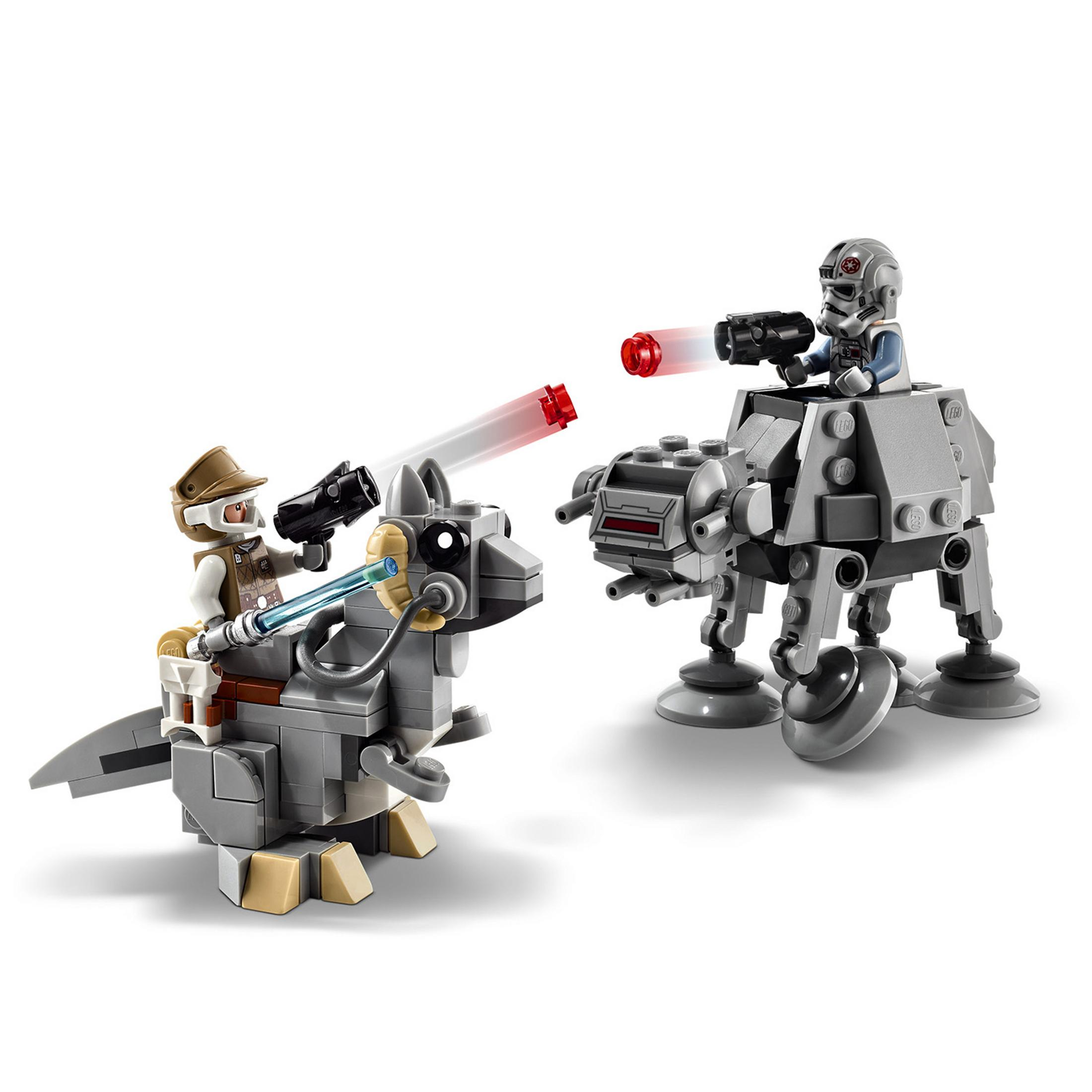 Lego Star Wars Set mit zwei Figuren und Fahrzeugen. Graue und tanfarbene Strukturen.