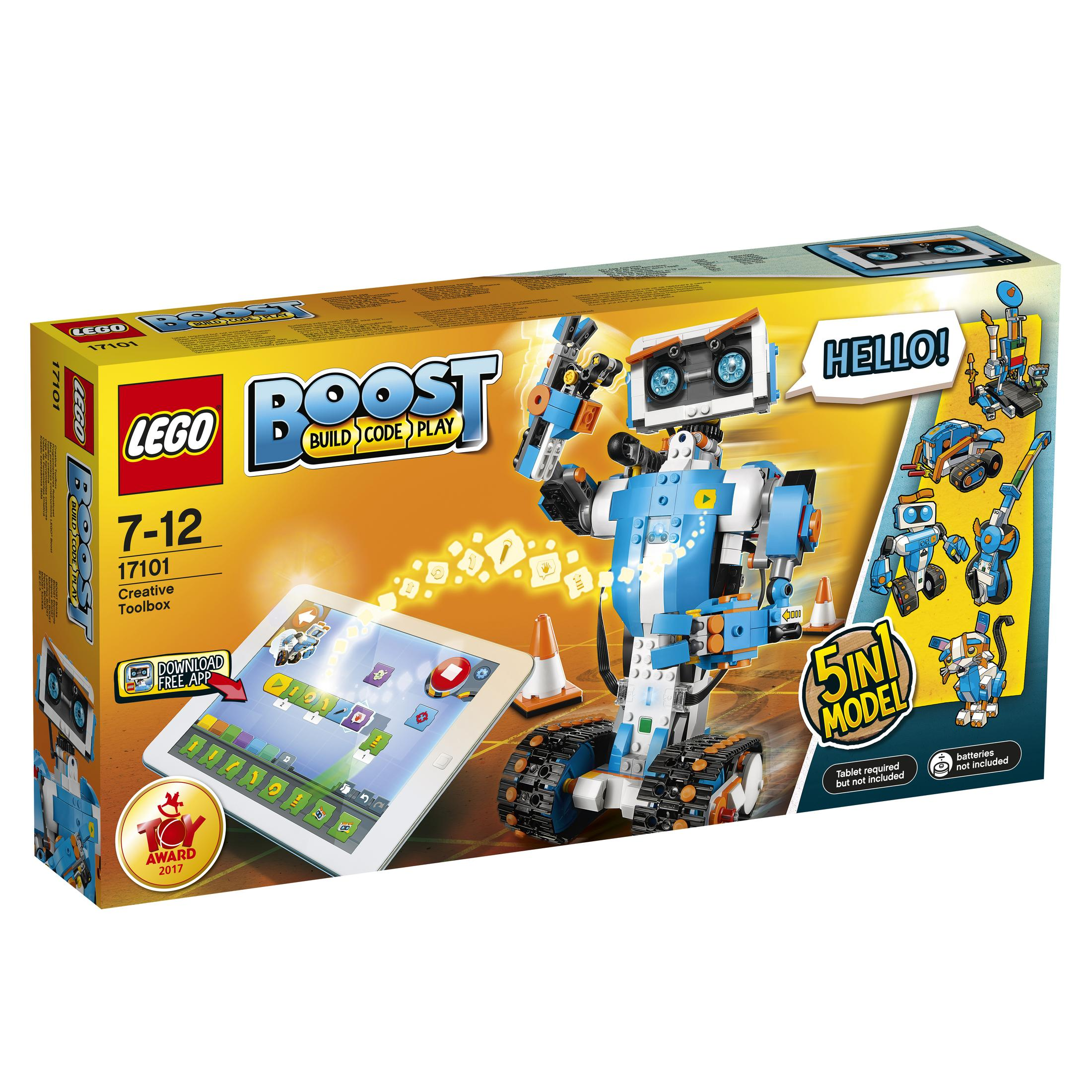 Una scatola di giocattoli Lego Boost con un robot e un tablet su sfondo bianco.