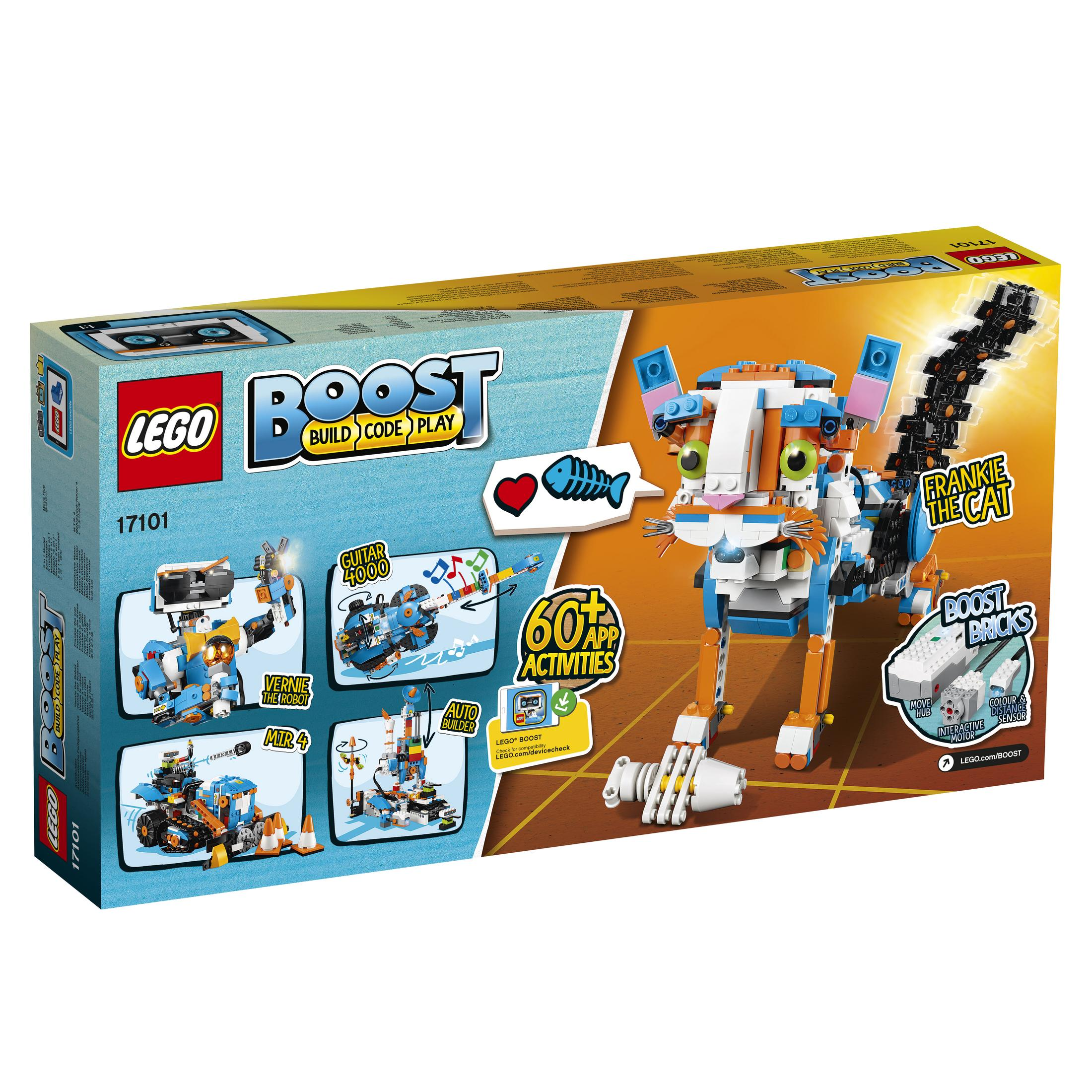 Scatola LEGO Boost con un robot gatto e altri modelli costruibili. Mostra la scatola e il suo contenuto.